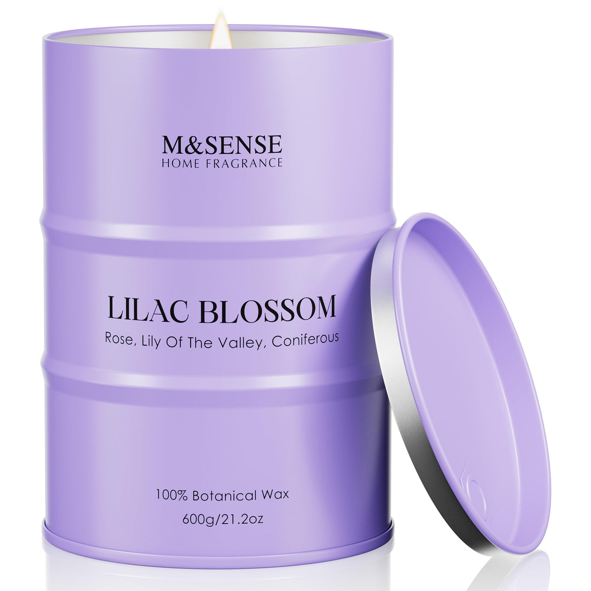 M&SENSE vela Lilac Blossom frontal mostrando etiqueta y envase metálico, ideal para regalo
