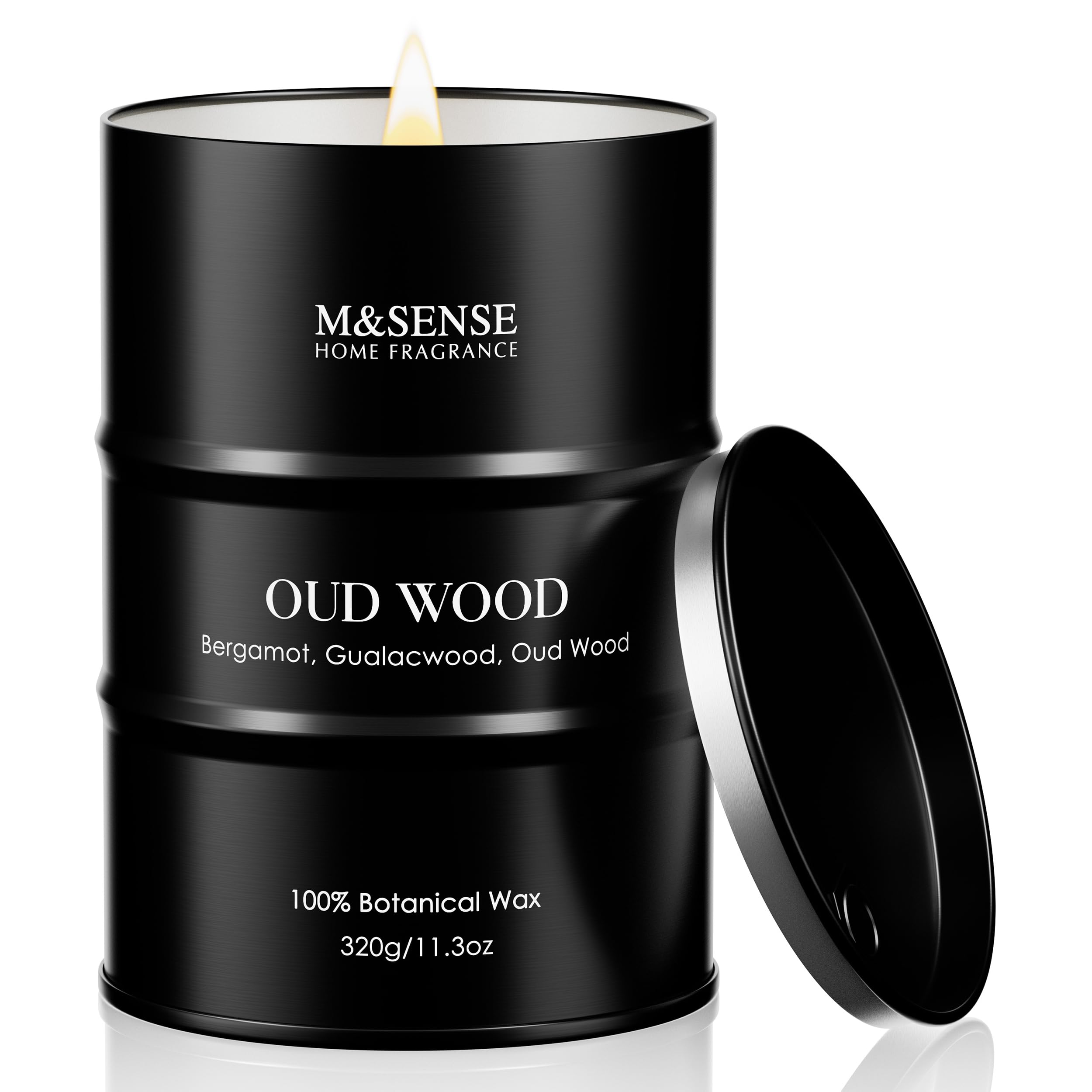 M&SENSE vela oud wood frontal elegante, ambiente cálido