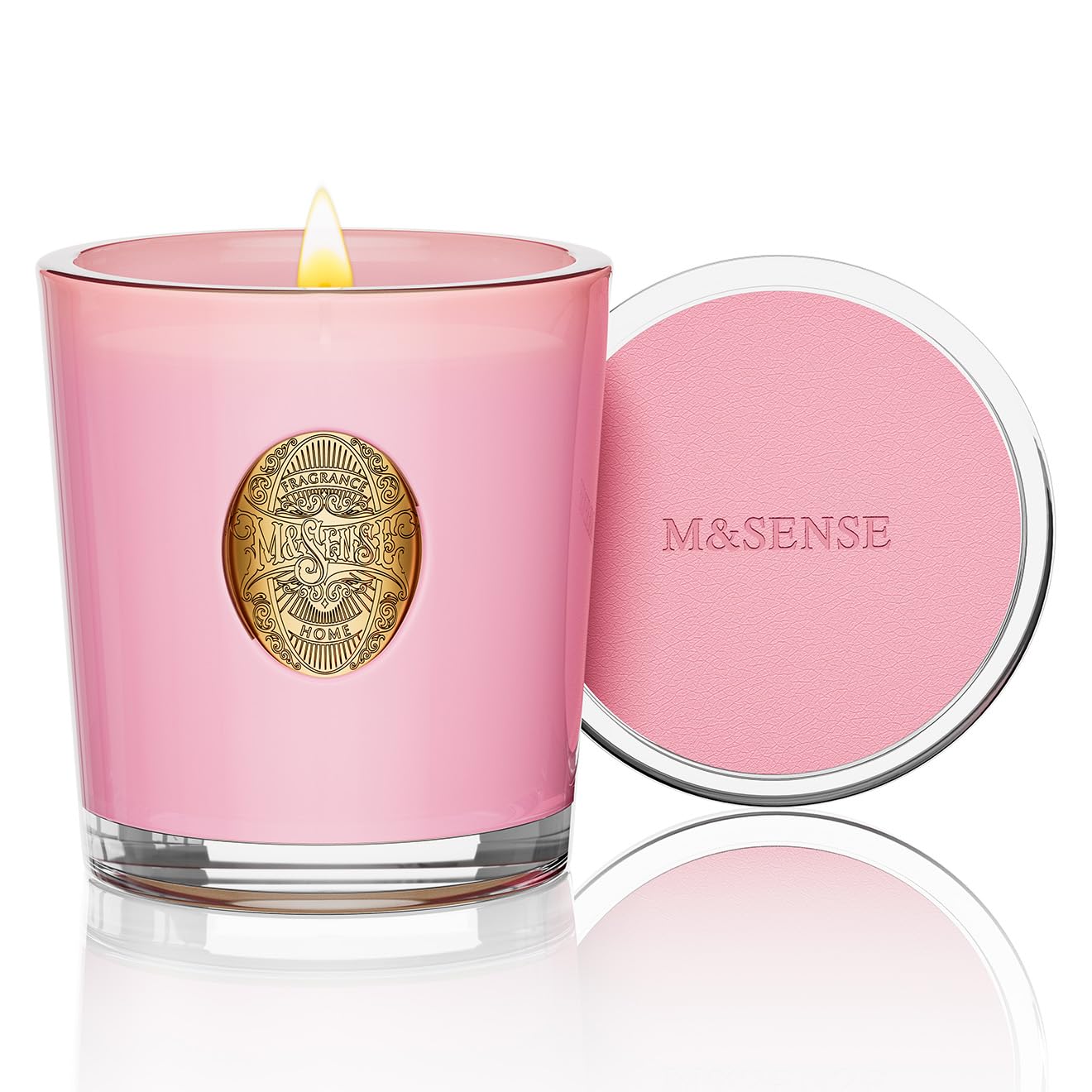 M&SENSE vaso frontal Peony Blush mostrando diseño rosa y aroma elegante