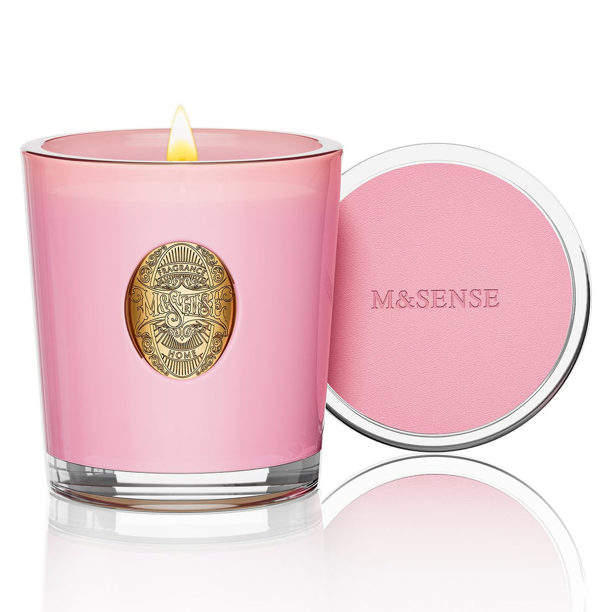 M&SENSE vaso frontal Peony Blush mostrando diseño rosa y aroma elegante