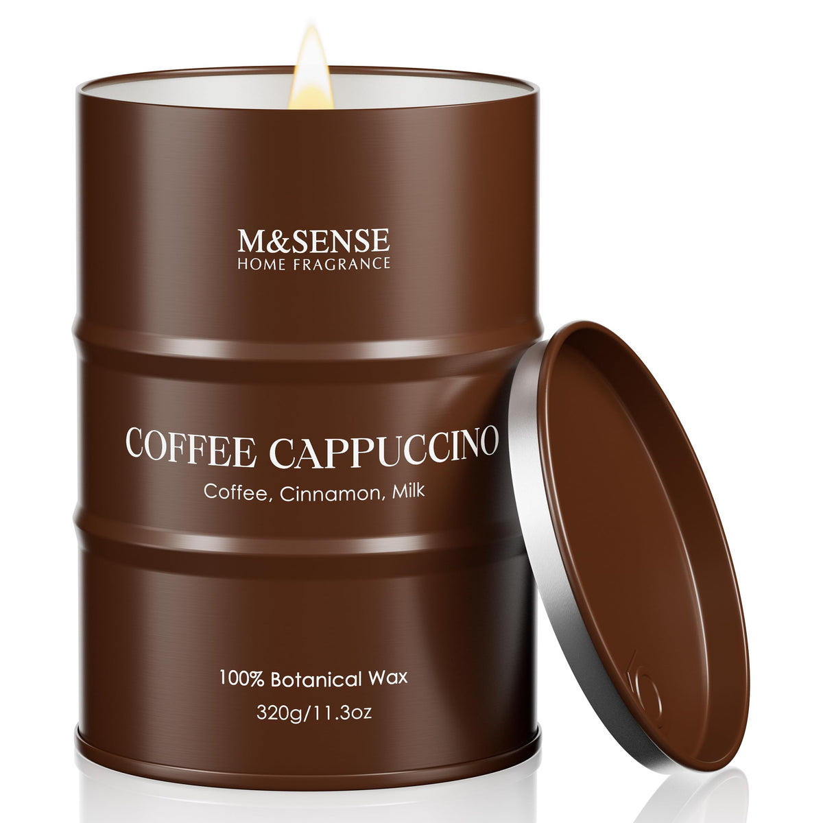 M&SENSE vela cappuccino vista frontal y etiqueta elegante, ideal regalo