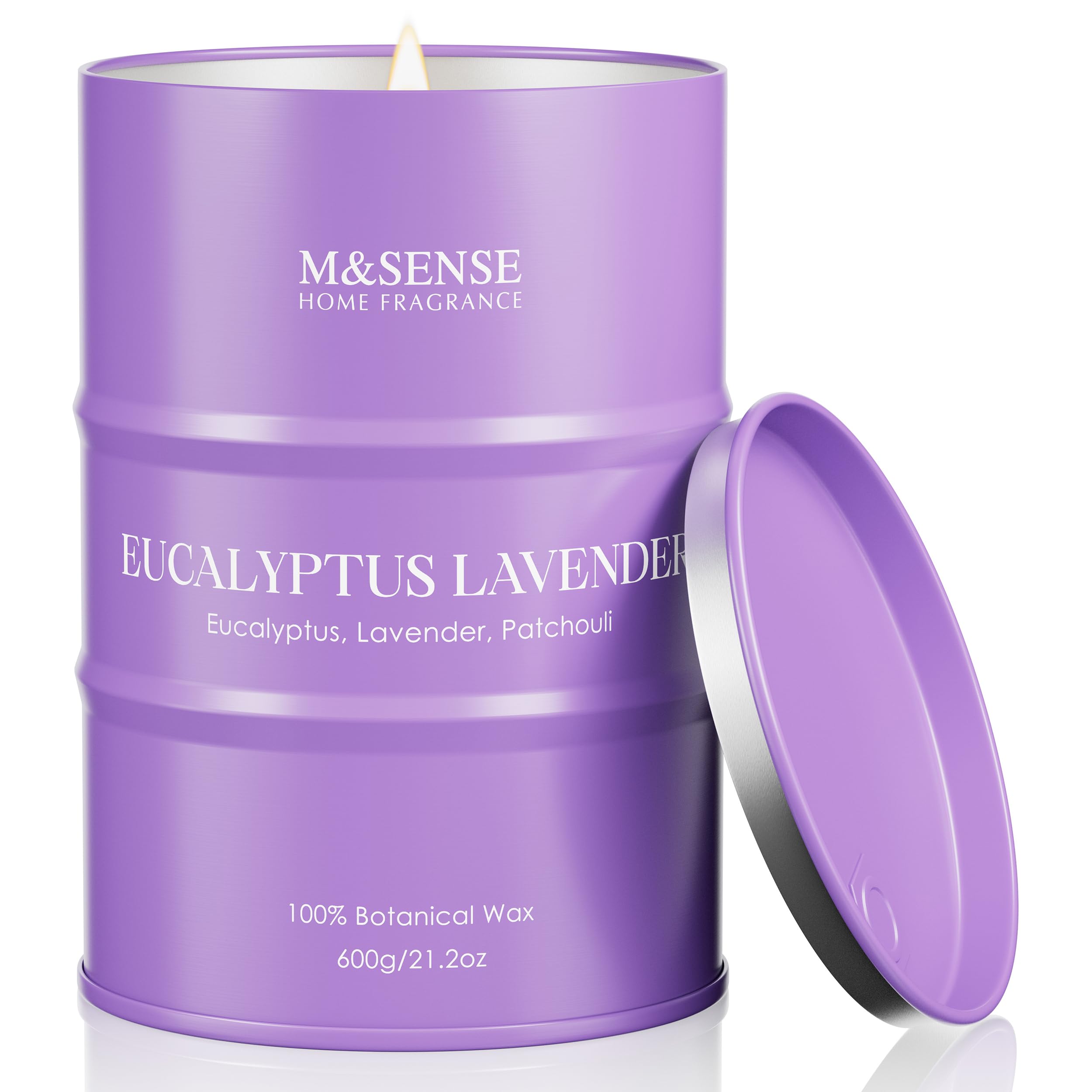 M&SENSE vela frontal mostrando envase metálico y aroma relajante