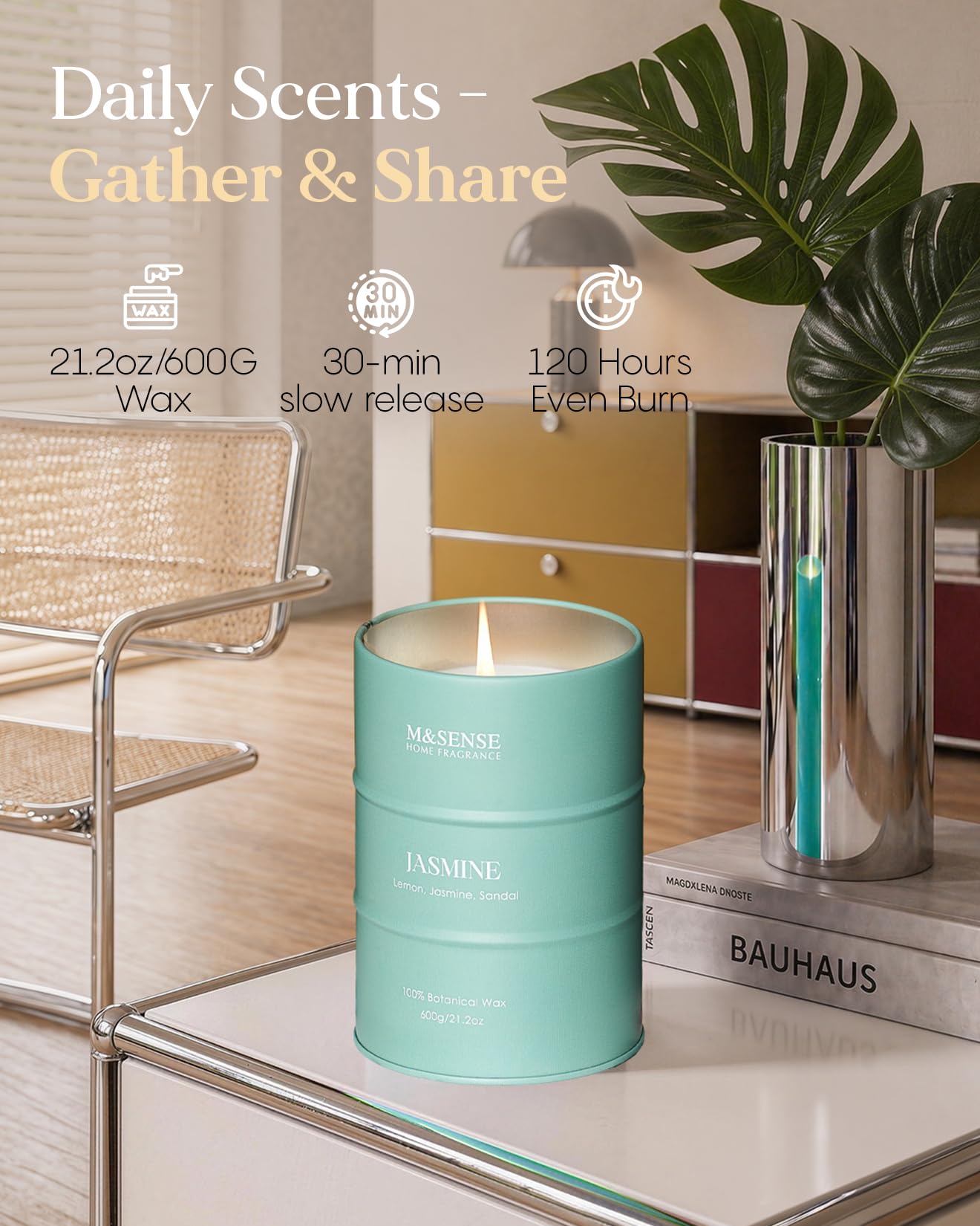 M&SENSE vela jazmín encendida en salón crea ambiente relajante