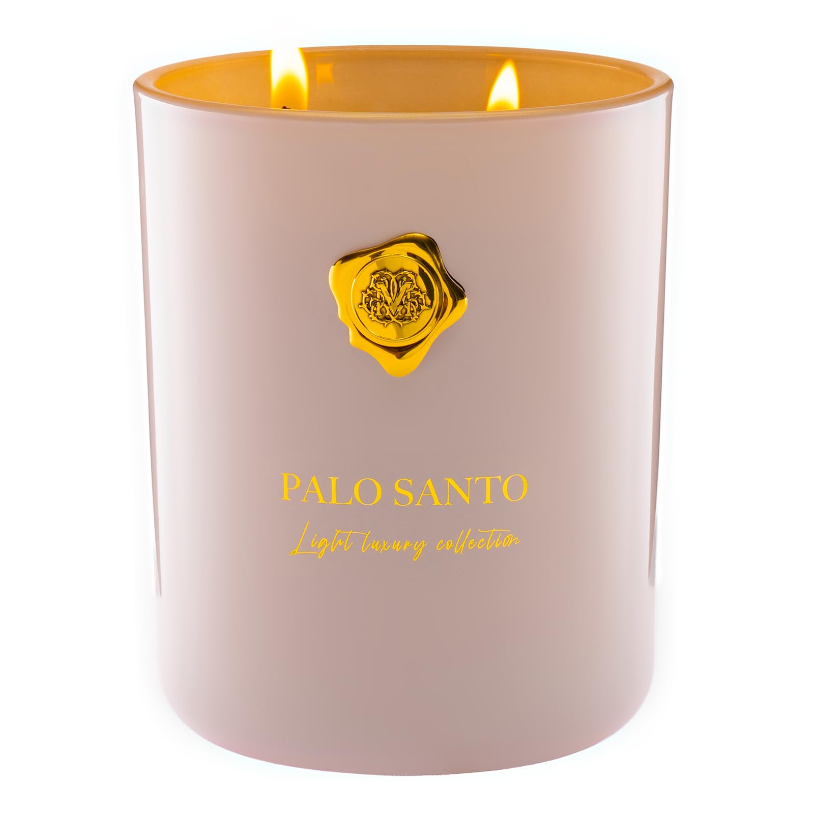 M&SENSE vela Palo & Santo vista frontal con vidrio elegante y aroma duradero