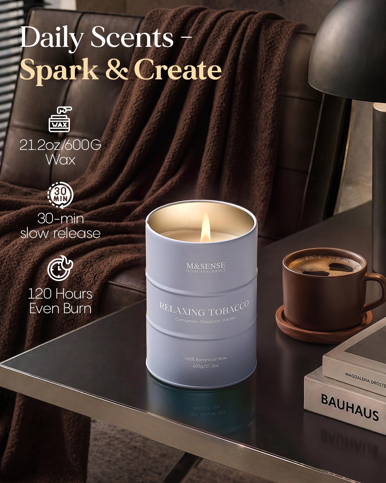 M&SENSE vela encendida en salón, ambiente relajante y difusión de fragancia