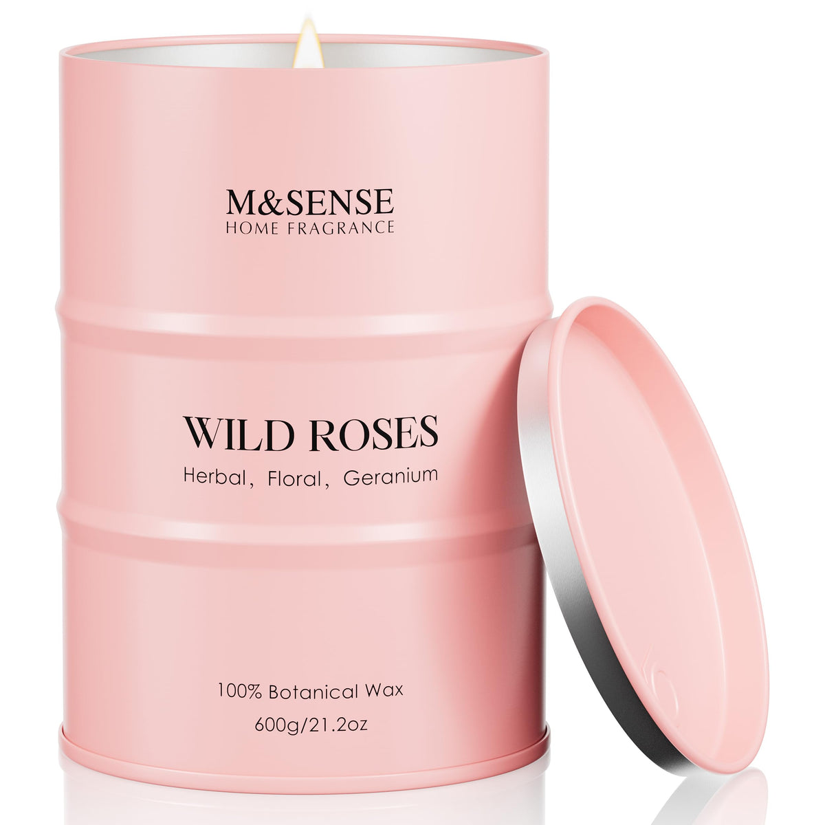 M&SENSE vela Wild Rose frente, presentación elegante y fragancia duradera