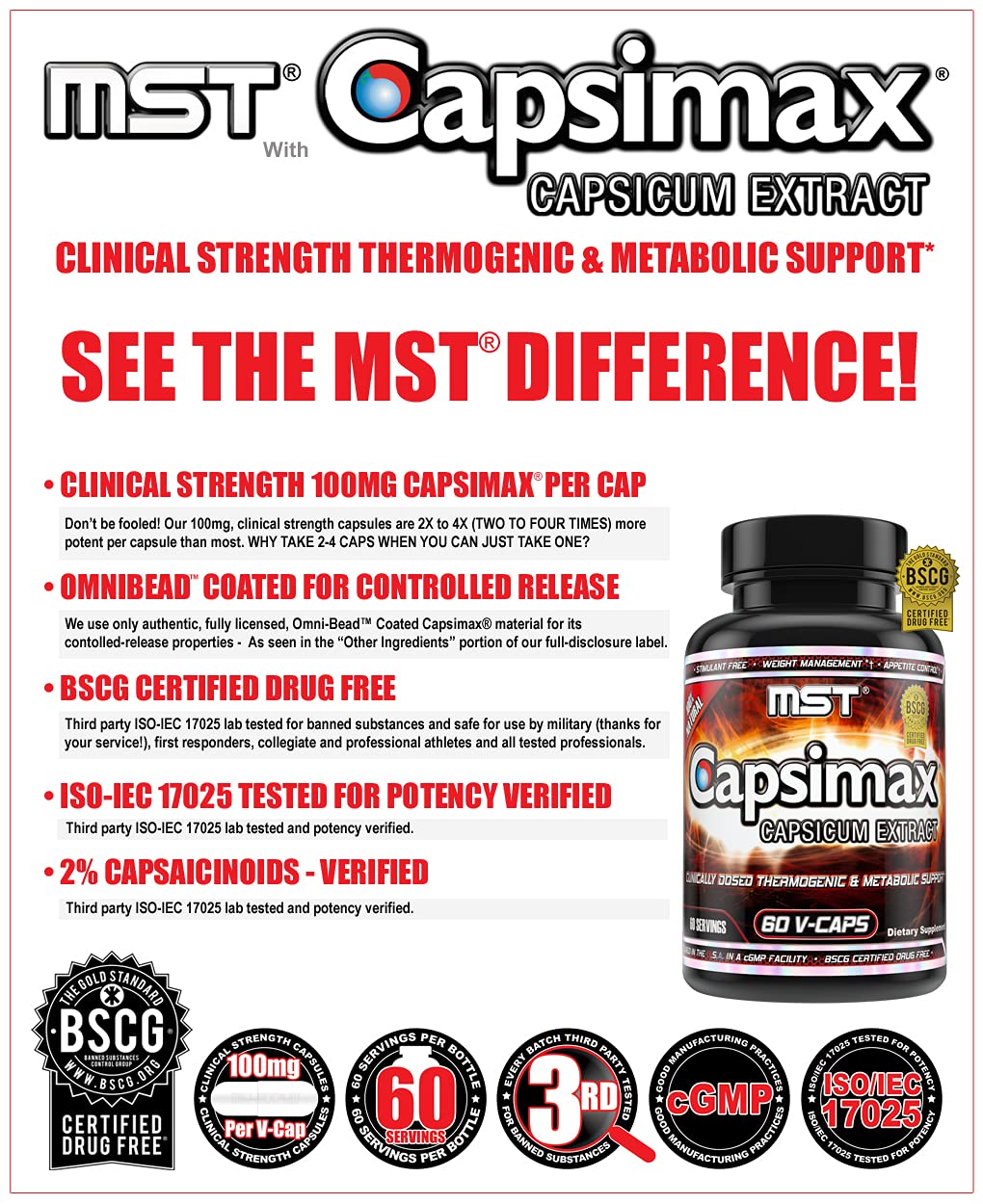 MST etiqueta de ingredientes destacando la dosis clínica de 100 mg