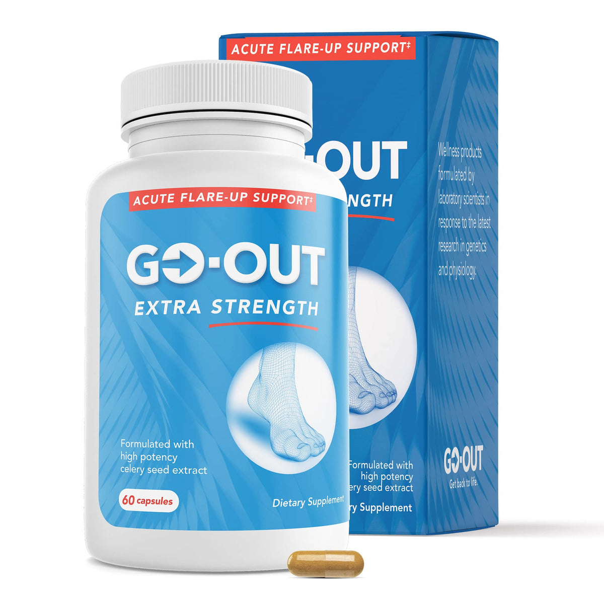 Mt. Angel Vitamins envase frontal Go Out Extra Strength mostrando ingredientes clave y beneficios