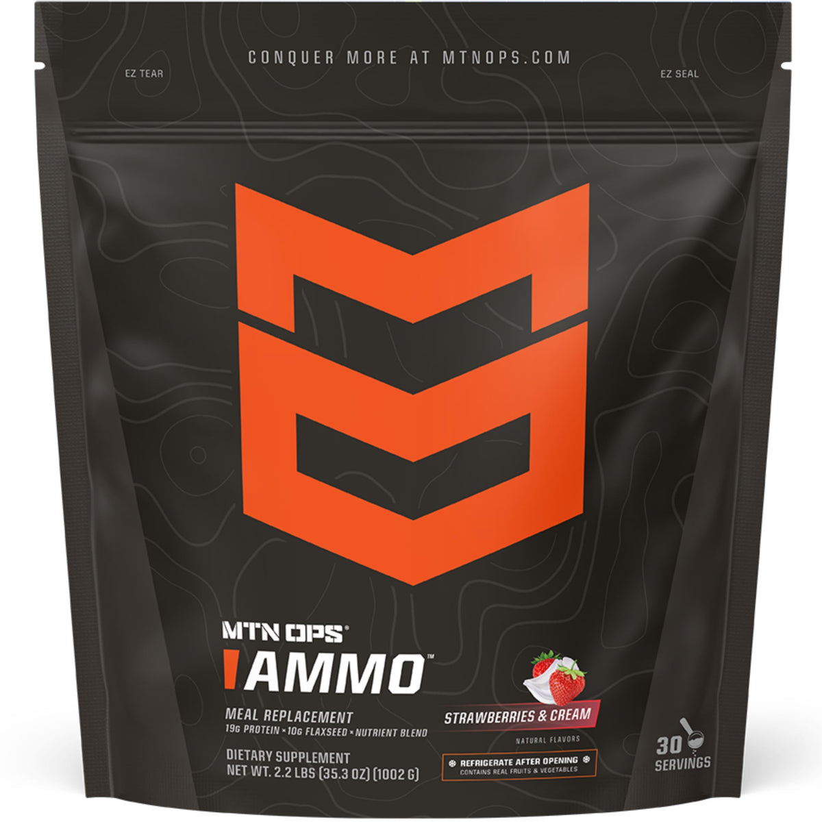 MTN OPS envase frontal Fresas y Crema mostrando el diseño y beneficios