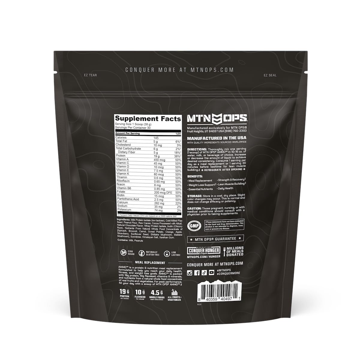 MTN OPS AMMO cerca de cacahuetes y cacao para resaltar sabor natural y calorías controladas