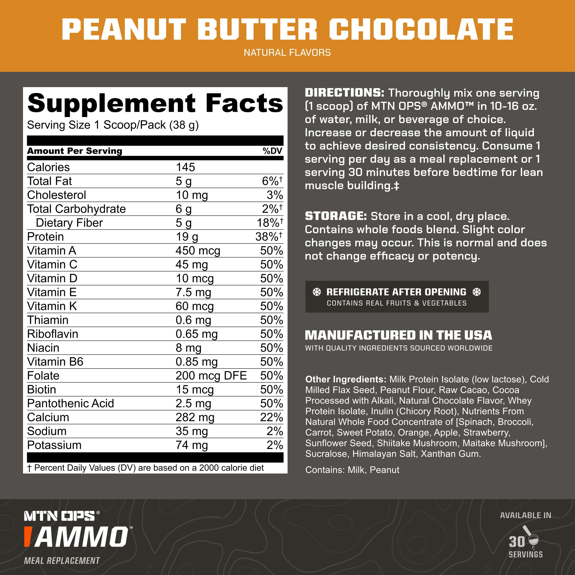 MTN OPS AMMO cerca de ingredientes reales: espinaca, brócoli y frutas para nutrición