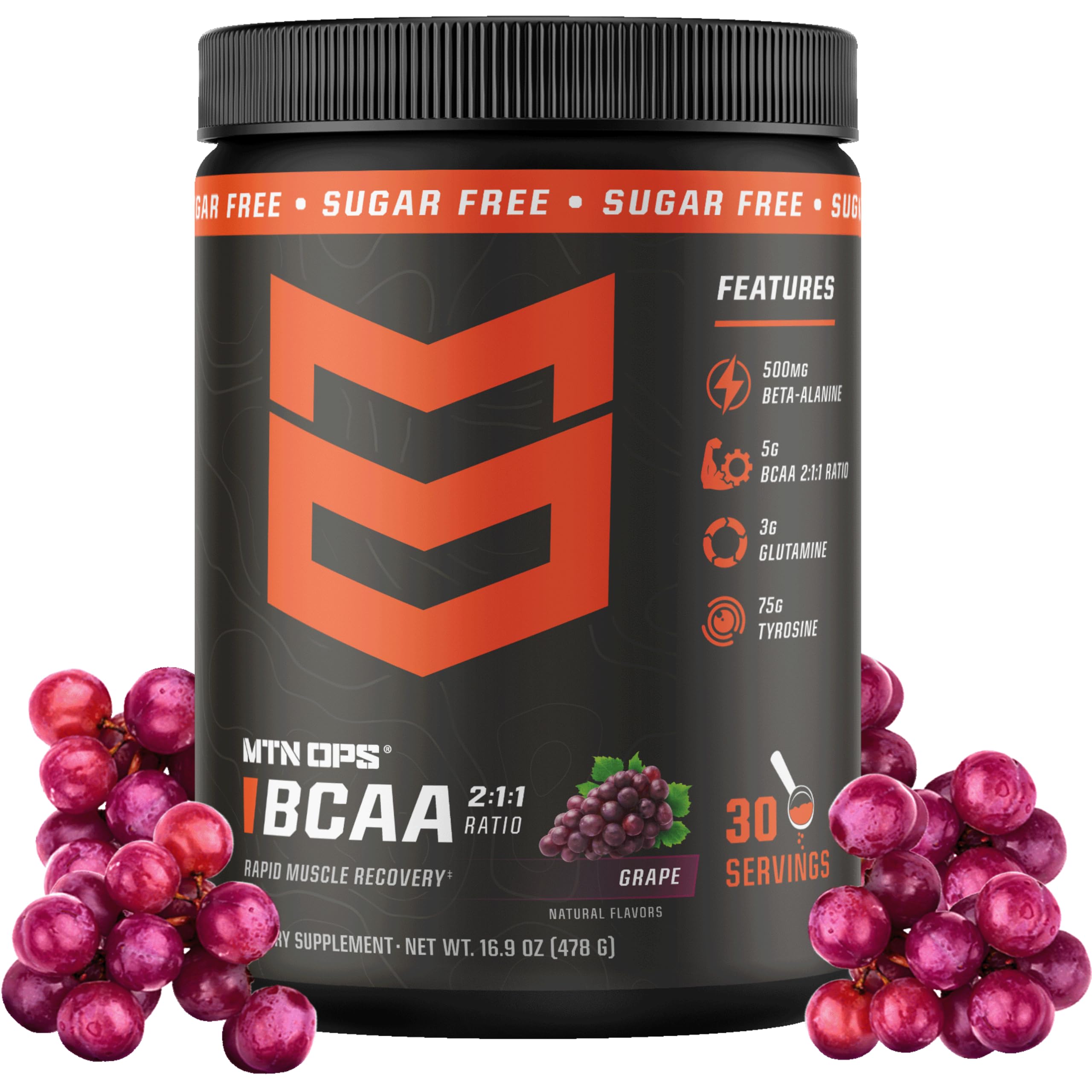 MTN OPS bote frontal del BCAA sabor uva mostrando diseño y cantidad