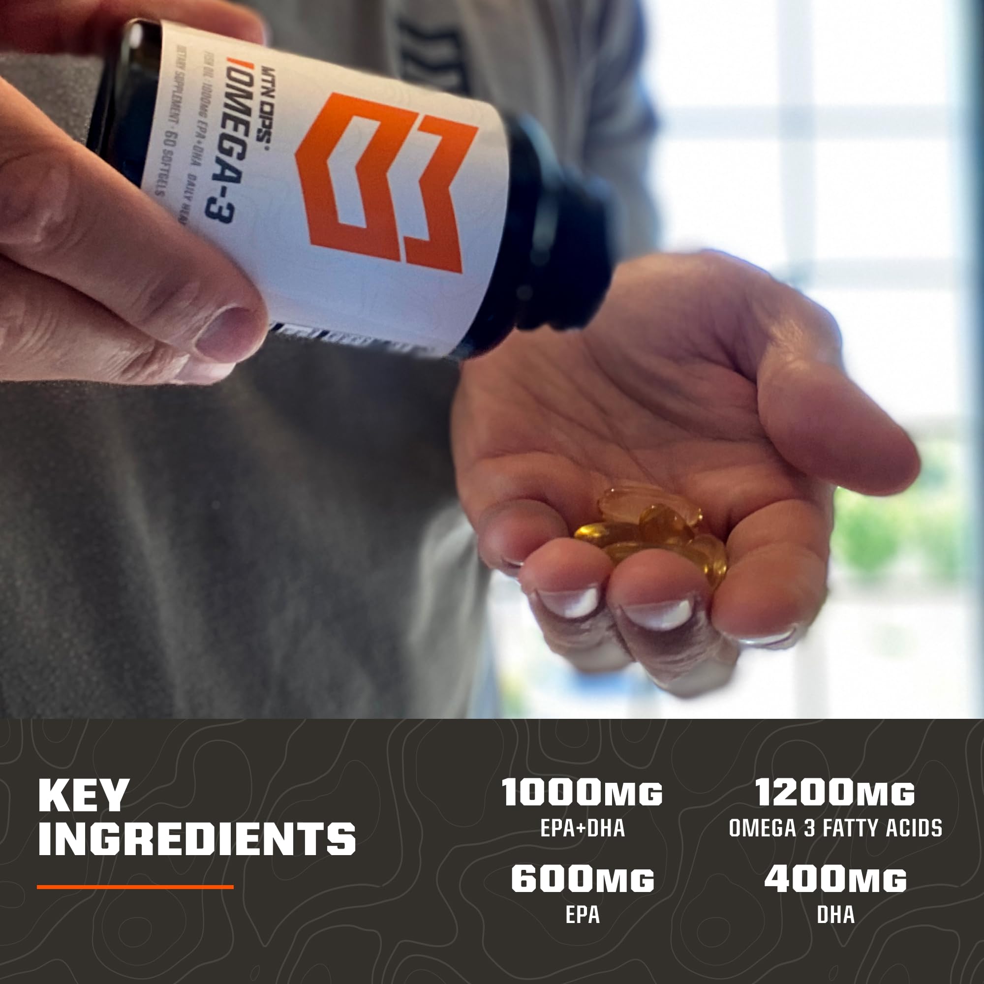 MTN OPS softgels junto a comida para uso con las comidas diarias