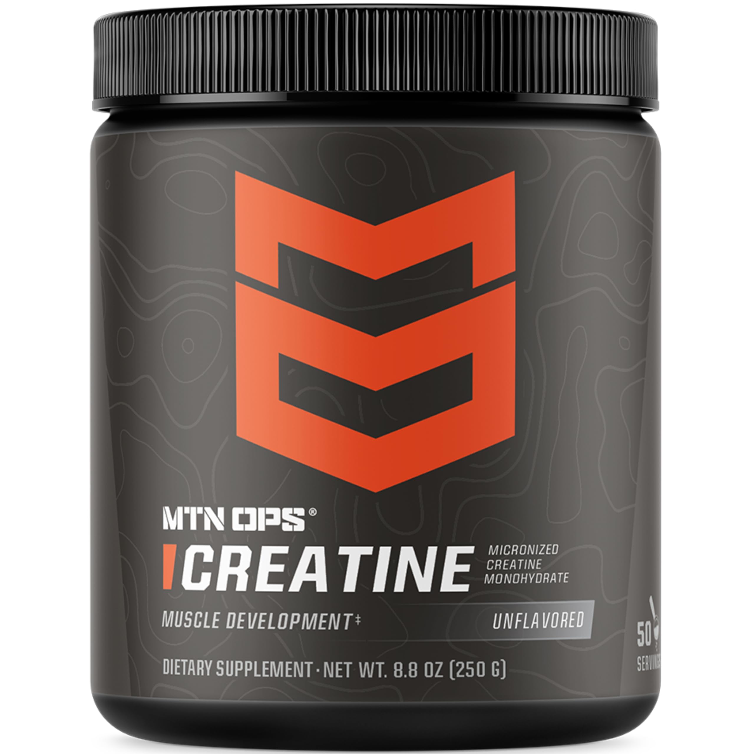 MTN OPS envase frontal de creatina monohidrato sin sabor mostrando apariencia limpia y profesional
