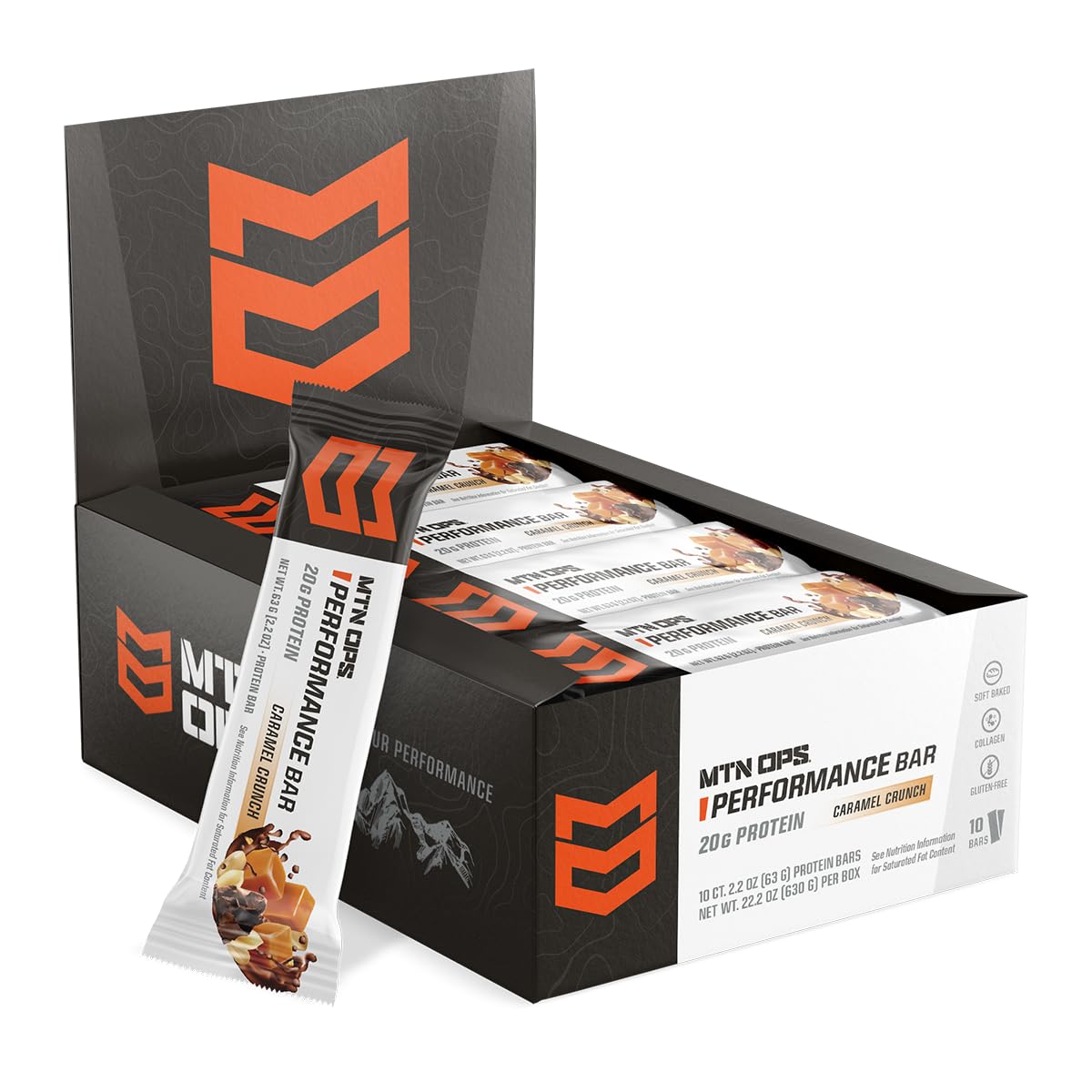 MTN OPS empaque frontal mostrando sabor caramelo y beneficios rápidos