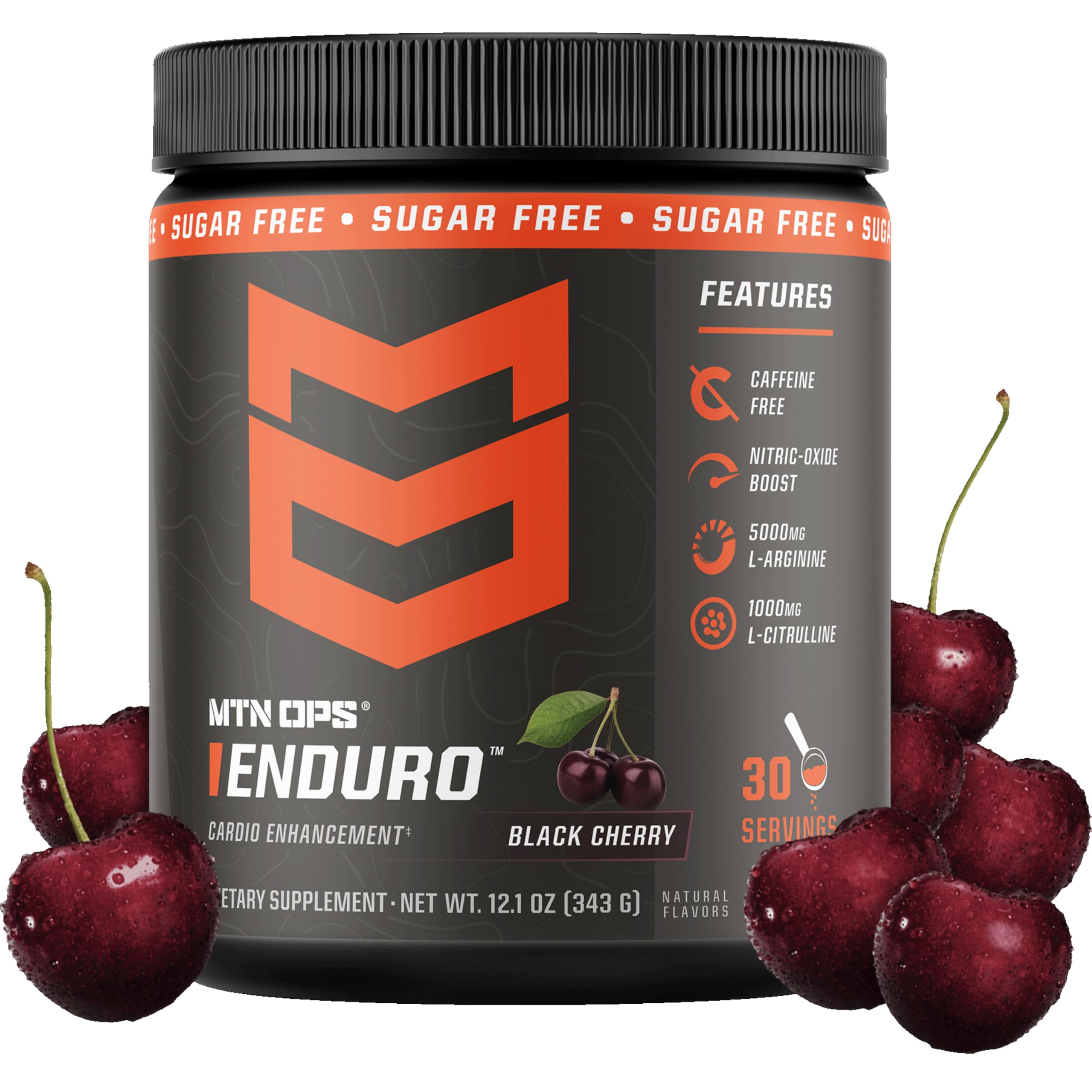 MTN OPS Enduro vista frontal del envase mostrando sabor Black Cherry y beneficios