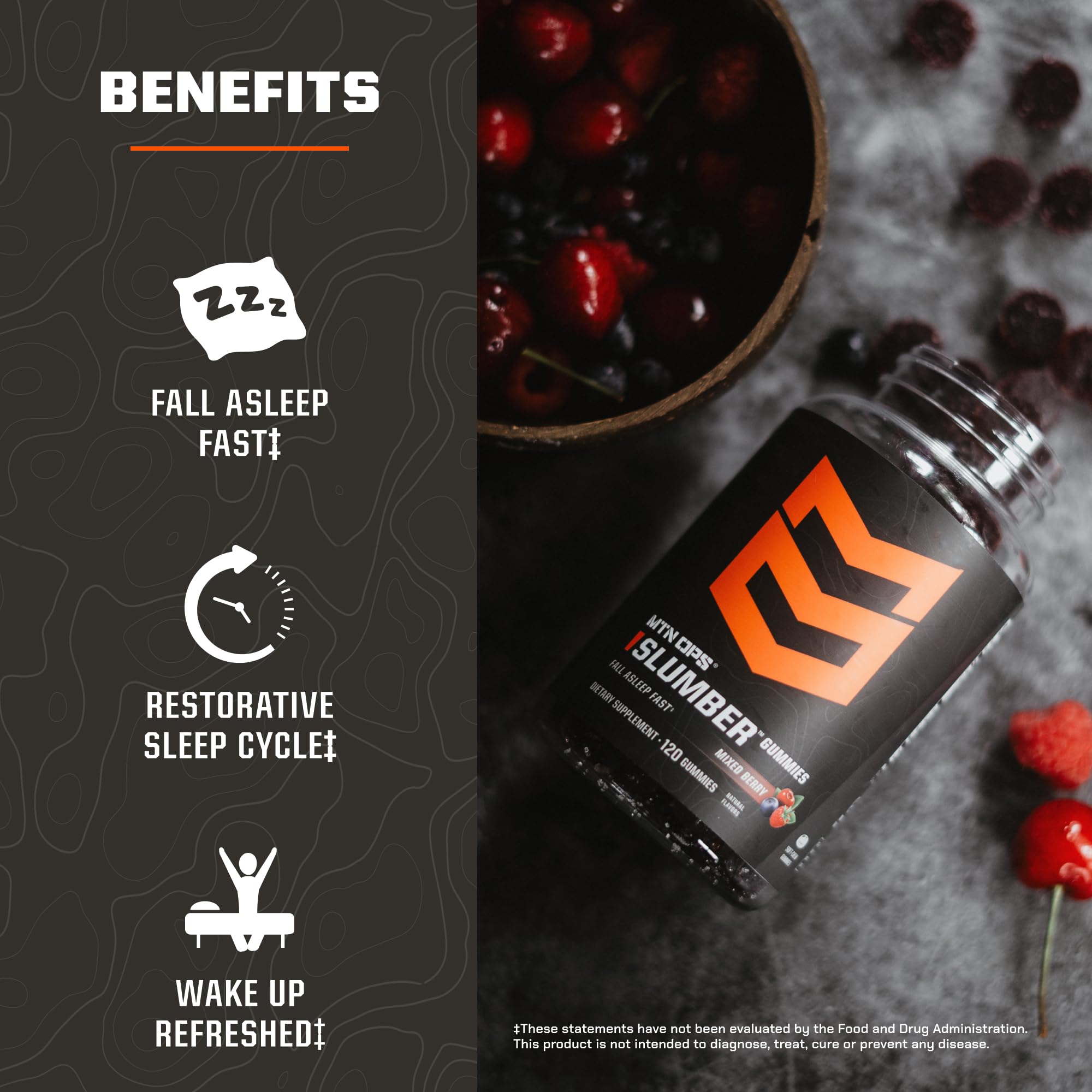 MTN OPS etiqueta en detalle que destaca ingredientes y sin gluten como ventaja