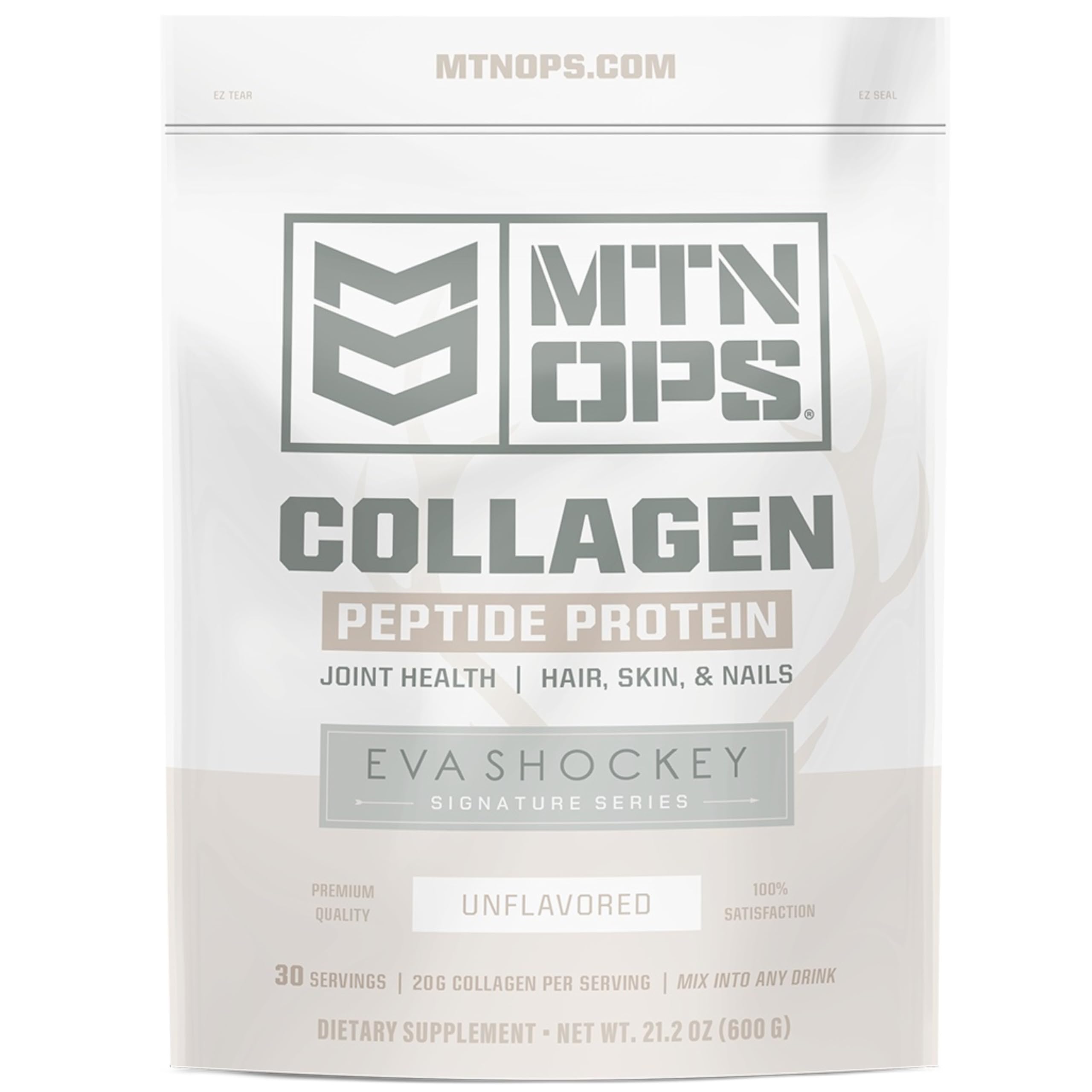 MTN OPS envase frontal del colágeno sin sabor con etiqueta clara y beneficios