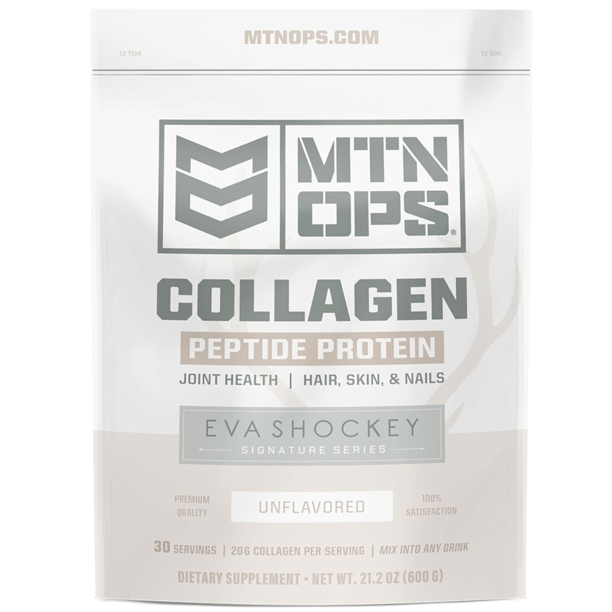 MTN OPS envase frontal del colágeno sin sabor con etiqueta clara y beneficios