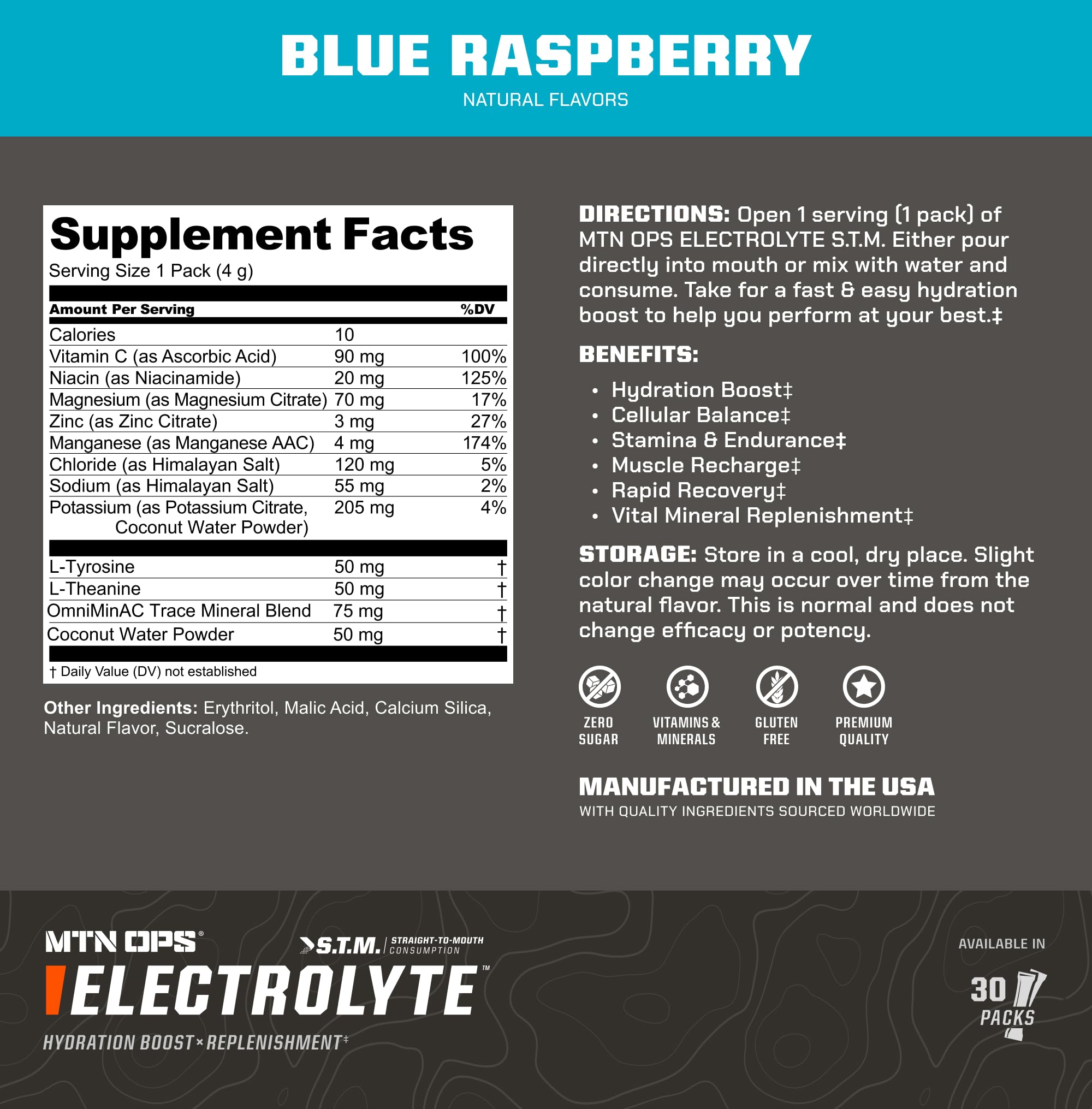 MTN OPS etiqueta de ingredientes que muestra electrolitos clave claramente