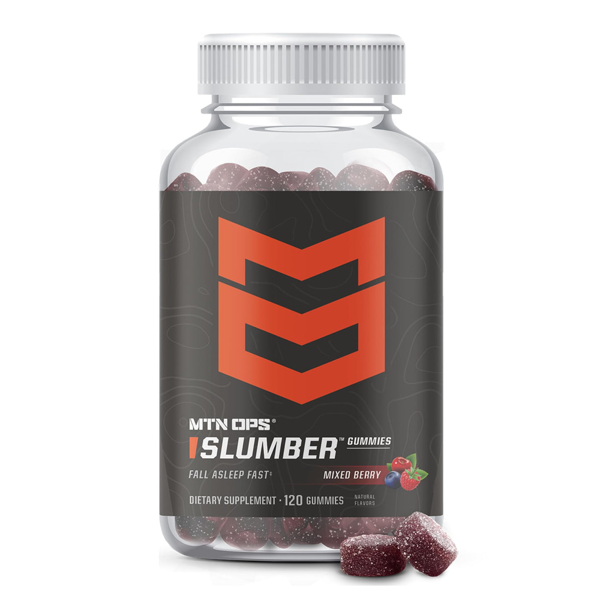 MTN OPS frasco delantero con gomitas mixed berry y etiqueta visible, conveniencia nocturna