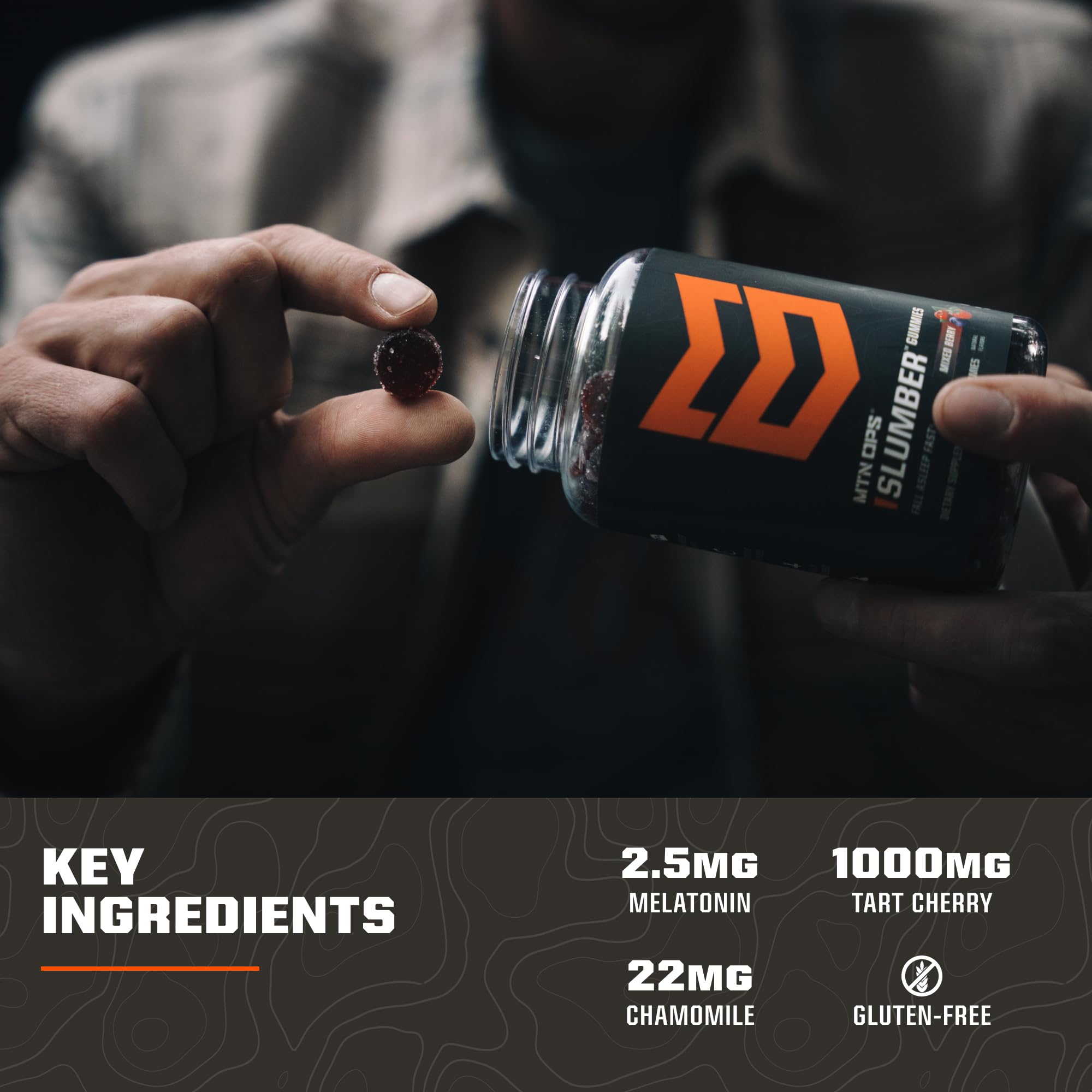MTN OPS gomitas en mano para mostrar escala y porción práctica antes de dormir