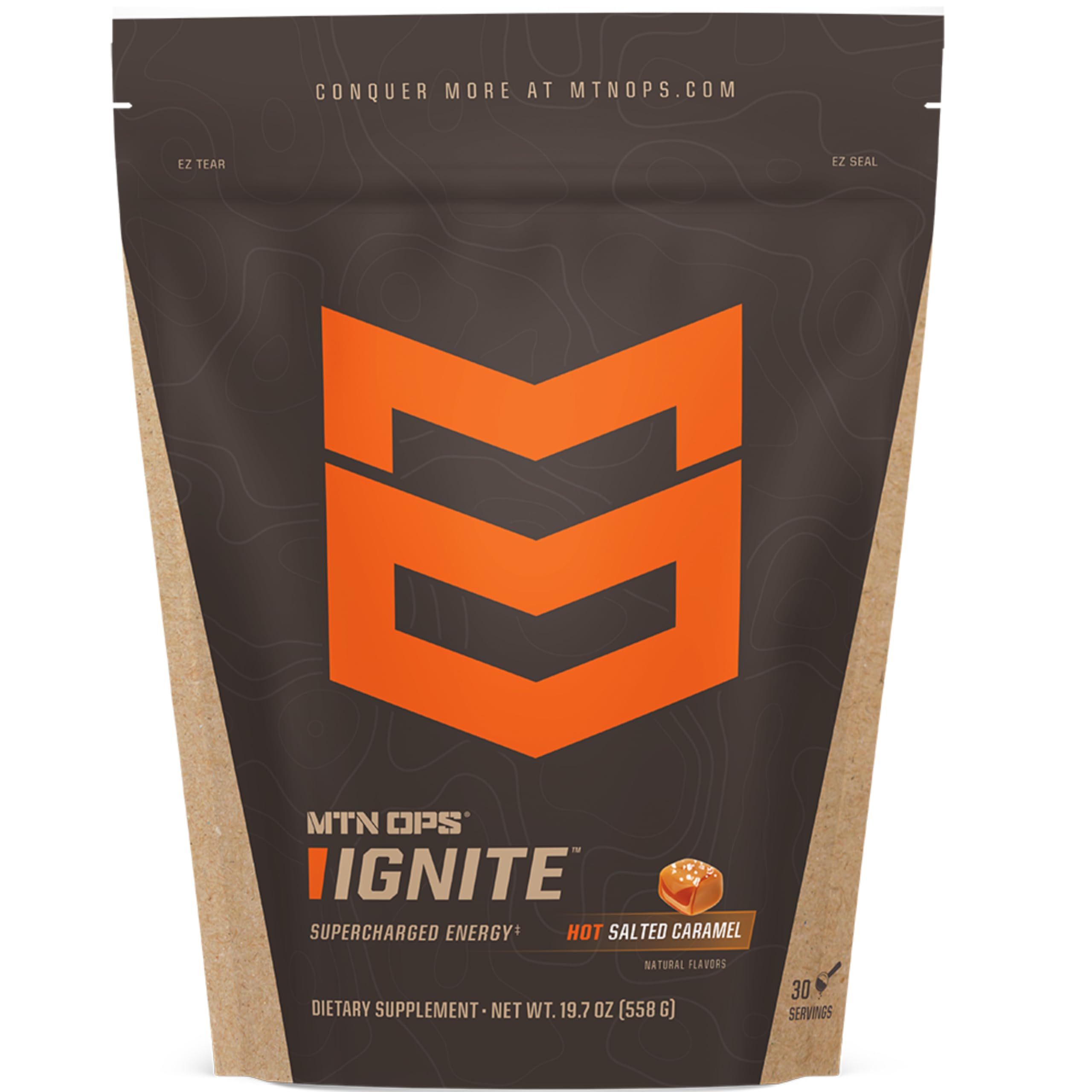 MTN OPS empaque frontal mostrando sabor caramelo salado y beneficios