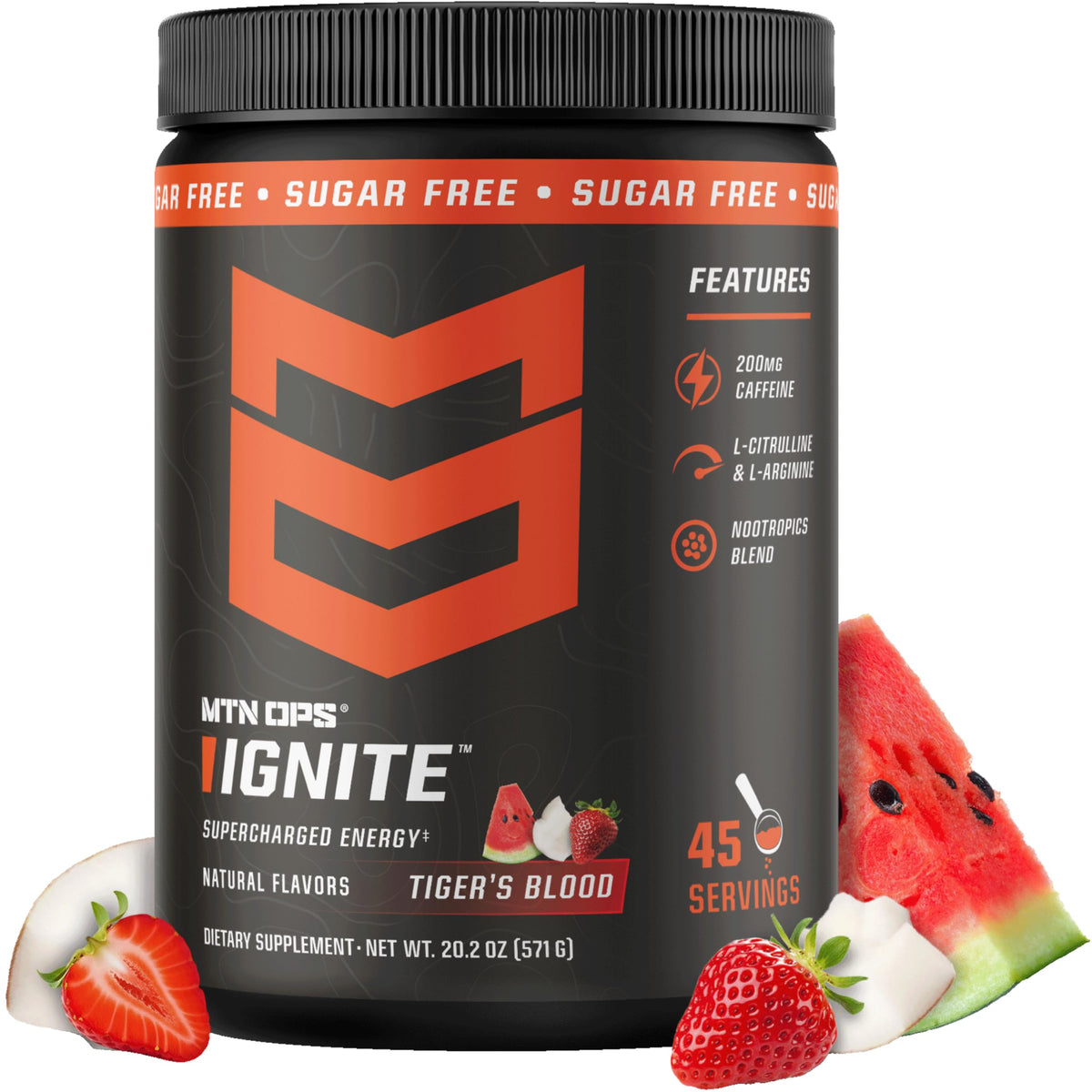MTN OPS envase frontal Ignite Tiger's Blood mostrando diseño y beneficio energético