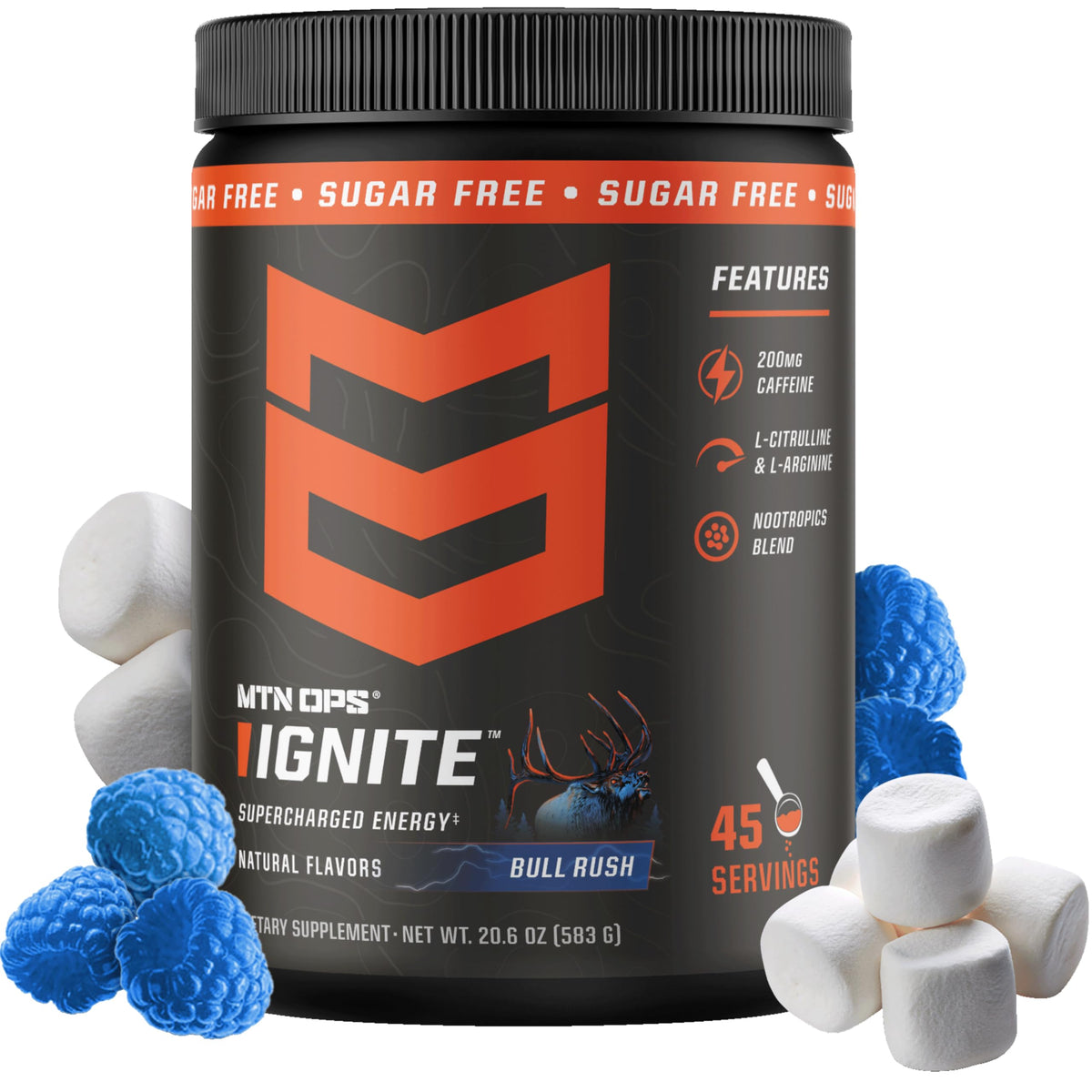 MTN OPS Ignite frontal del envase mostrando diseño y beneficio energizante