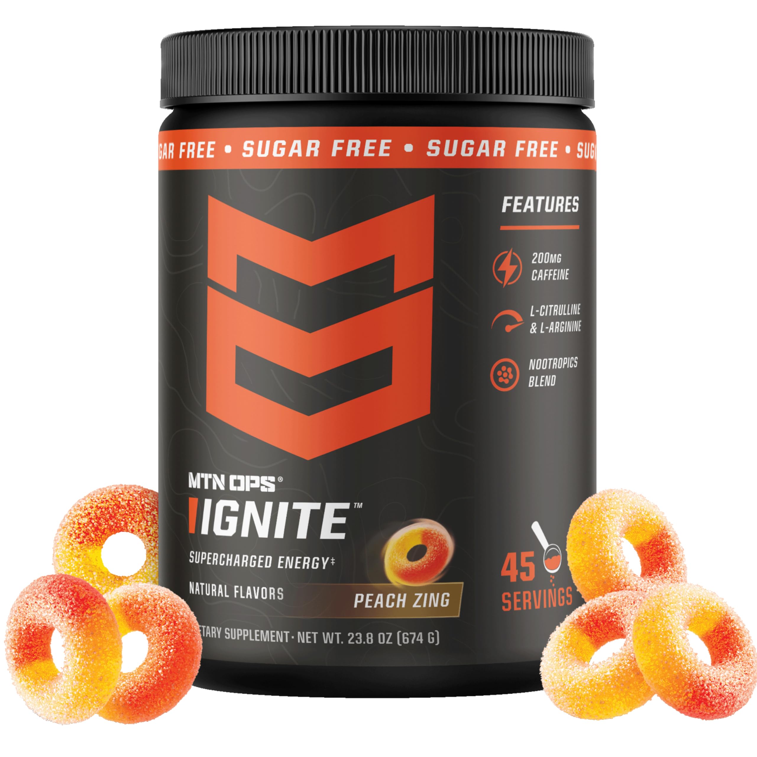 MTN OPS envase Ignite Peach Zing mostrando diseño y beneficios