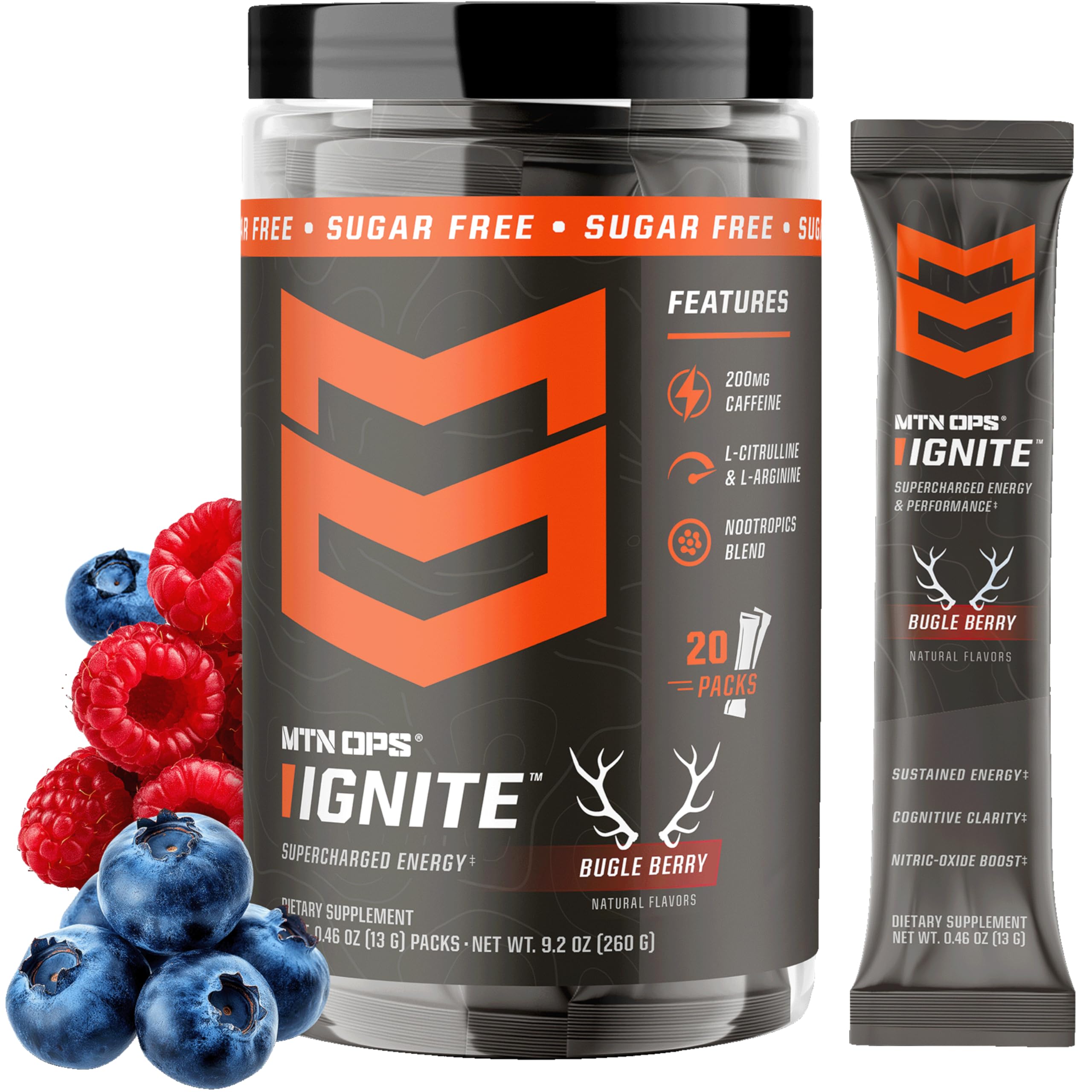 MTN OPS empaque frontal Ignite Bugle Berry mostrando diseño y beneficios