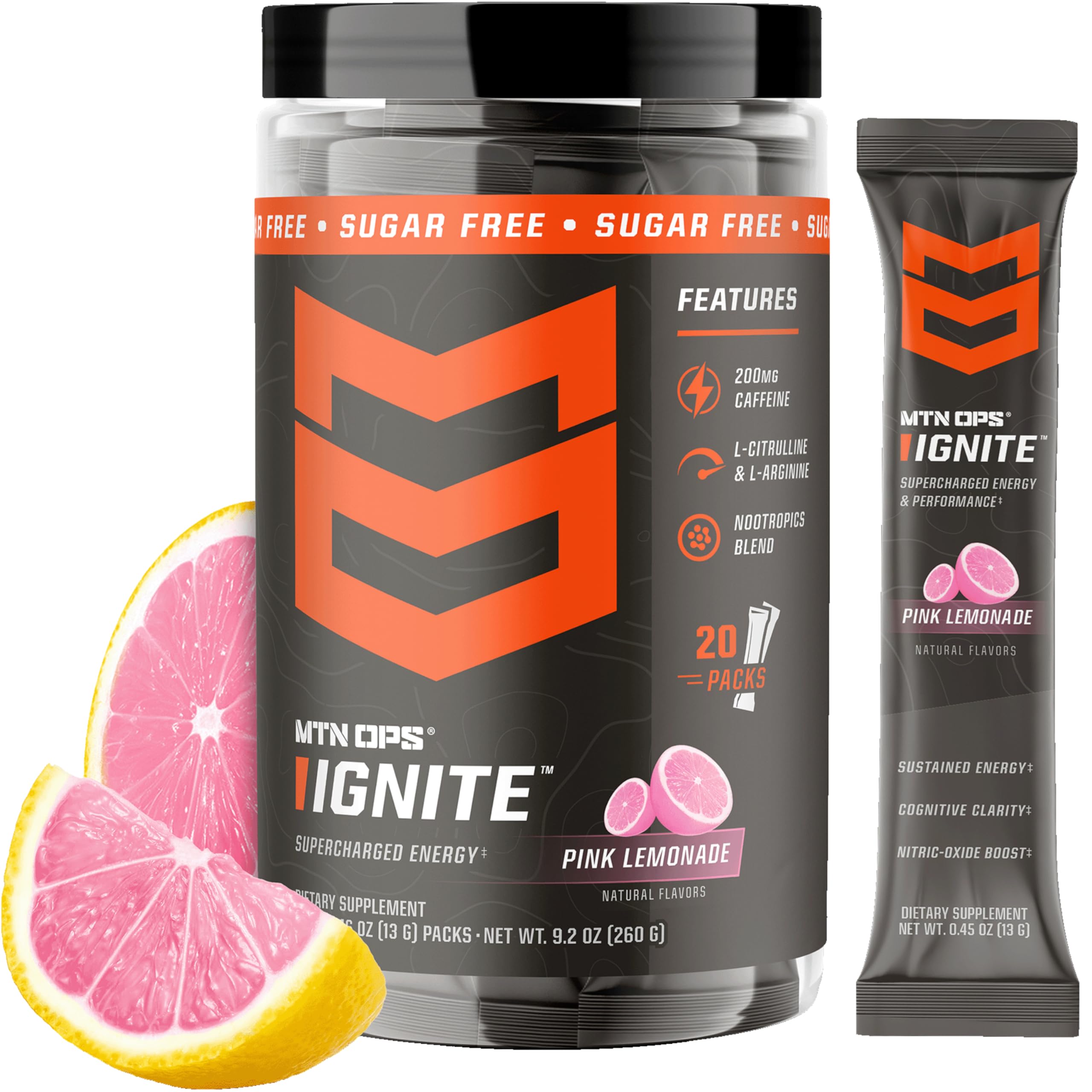 MTN OPS envase frontal del polvo Ignite que muestra diseño y conveniencia