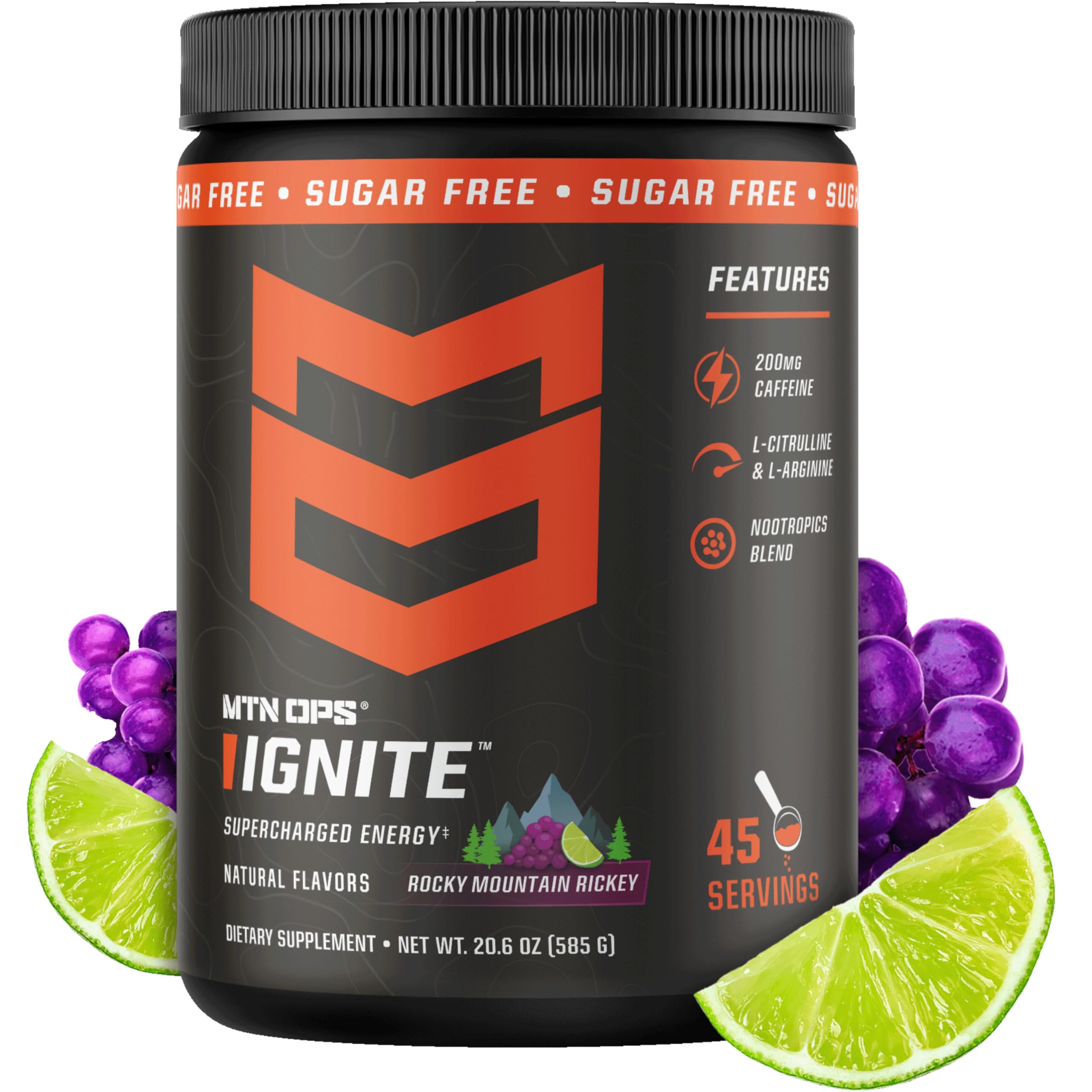 MTN OPS envase frontal de Ignite Energy Powder mostrando etiqueta y beneficio de energía limpia