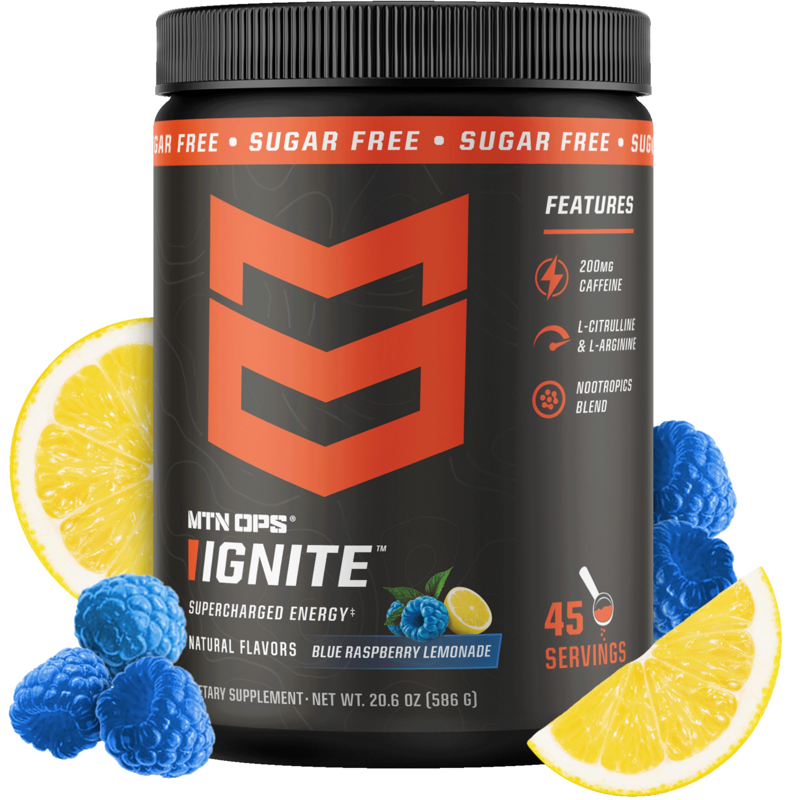 MTN OPS envase frontal mostrando el sabor blue raspberry lemonade y beneficios