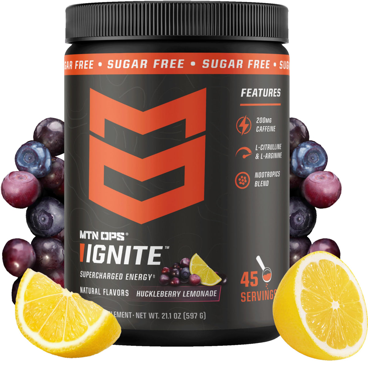 MTN OPS Ignite frente del envase mostrando sabor Huckleberry Lemonade y beneficio energizante