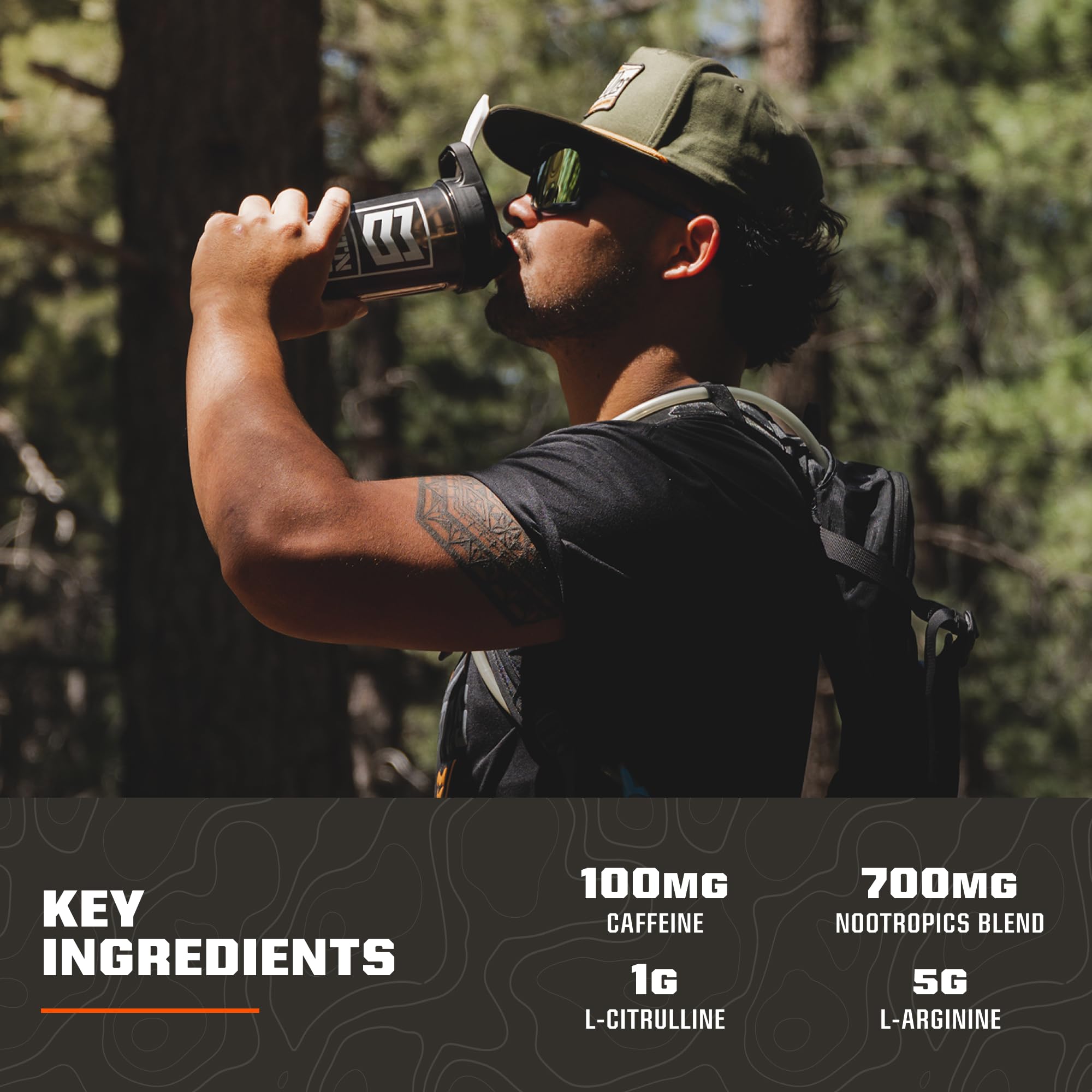 Detalle de etiqueta MTN OPS Ignite Lite destacando ingredientes clave y beneficios