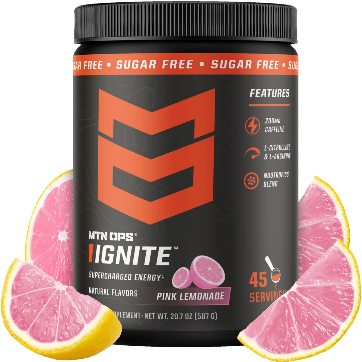 MTN OPS envase frontal mostrando diseño y sabor limonada rosa, ideal para energía rápida
