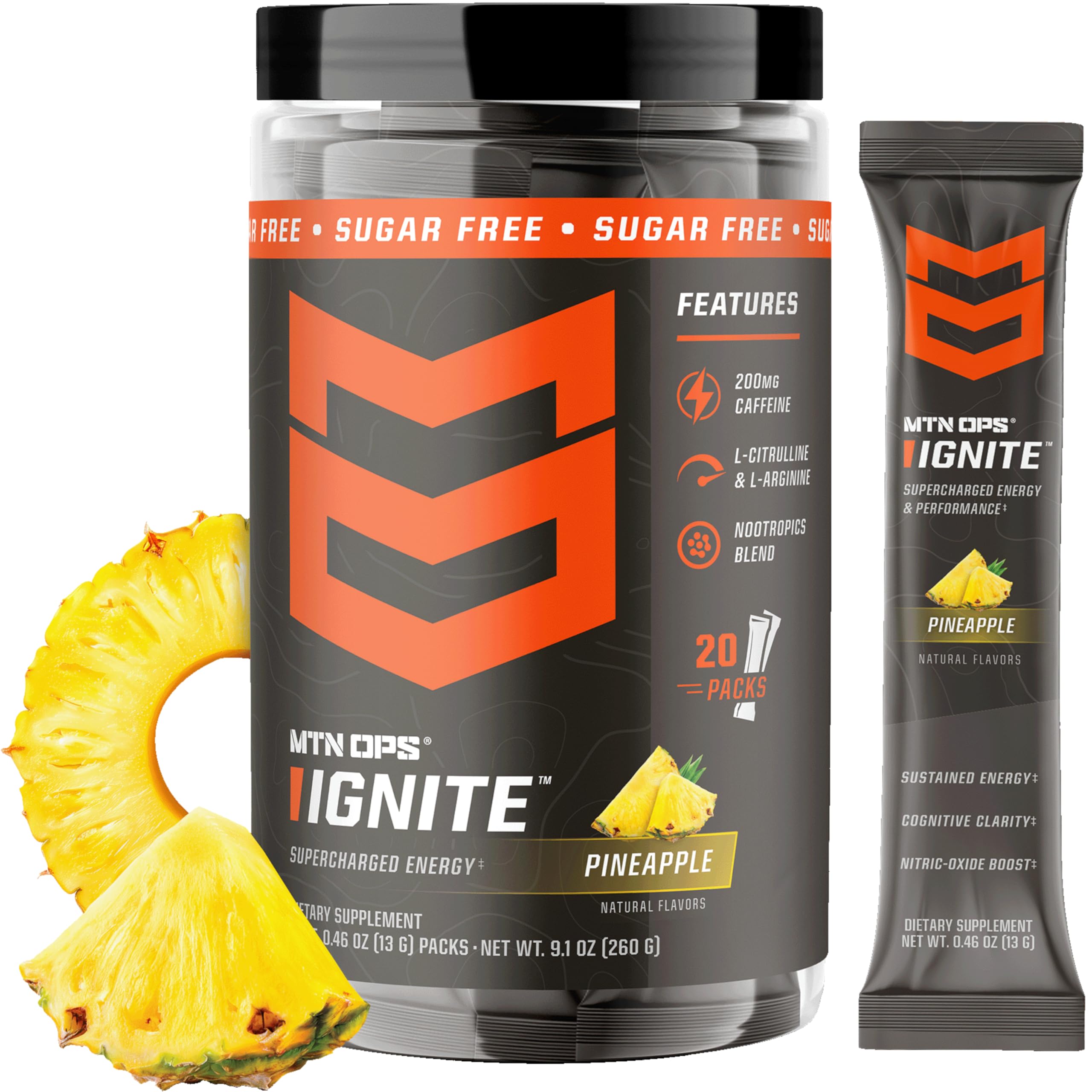 MTN OPS bote frontal mostrando etiqueta y sabor piña para energía limpia
