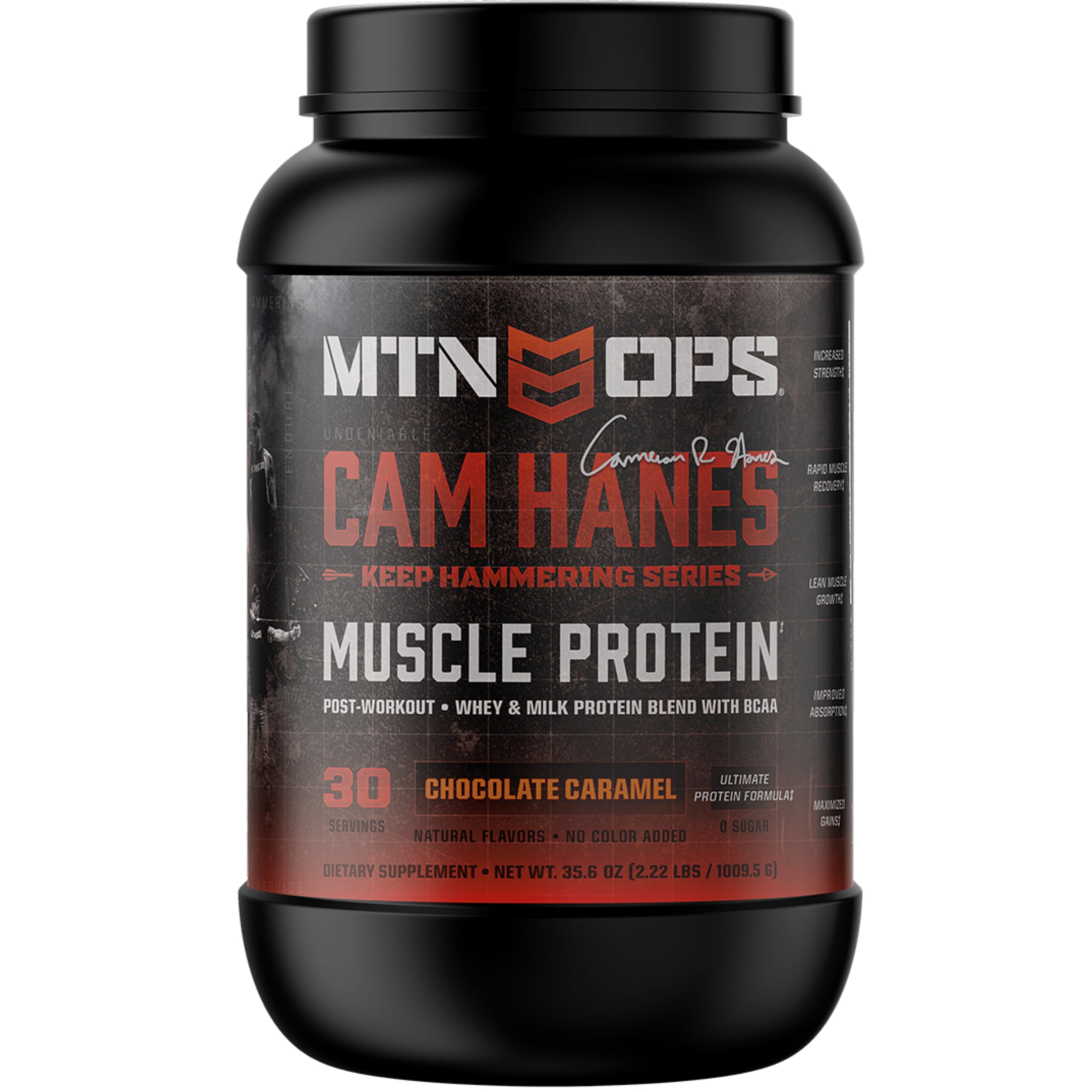 MTN OPS frasco frontal mostrando diseño y beneficio de proteína premium