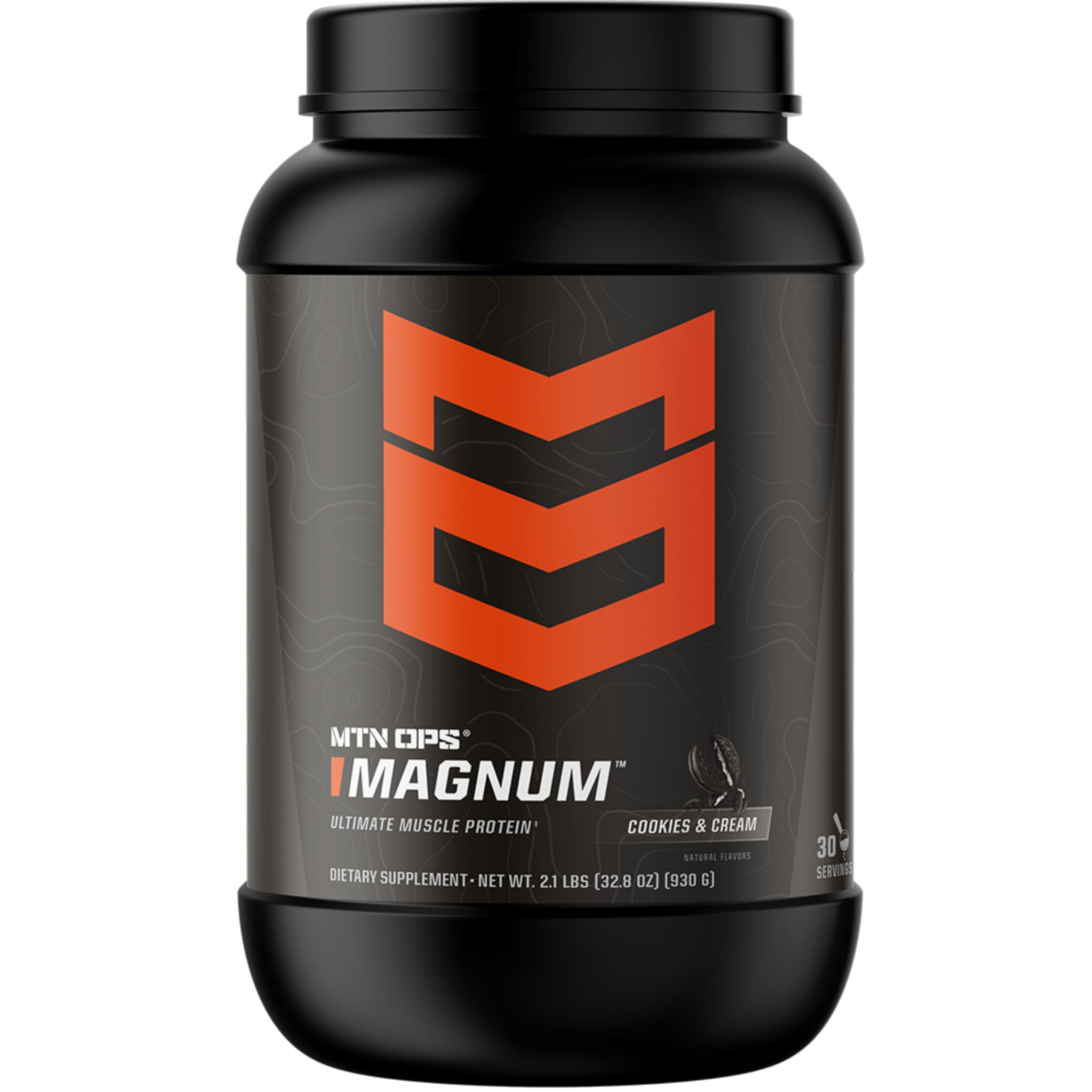 MTN OPS envase frontal de Magnum Whey Cookies & Cream muestra diseño y beneficio nutricional