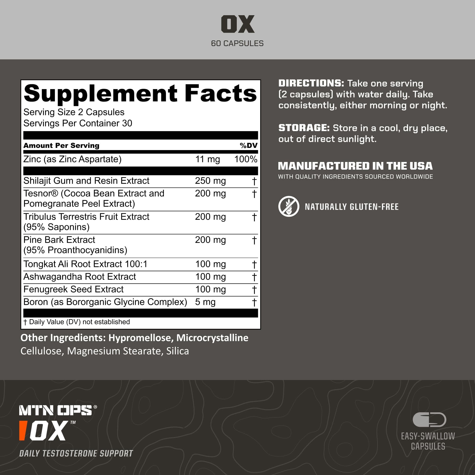 MTN OPS Ox etiqueta con ingredientes clave como Tribulus y maca resaltados