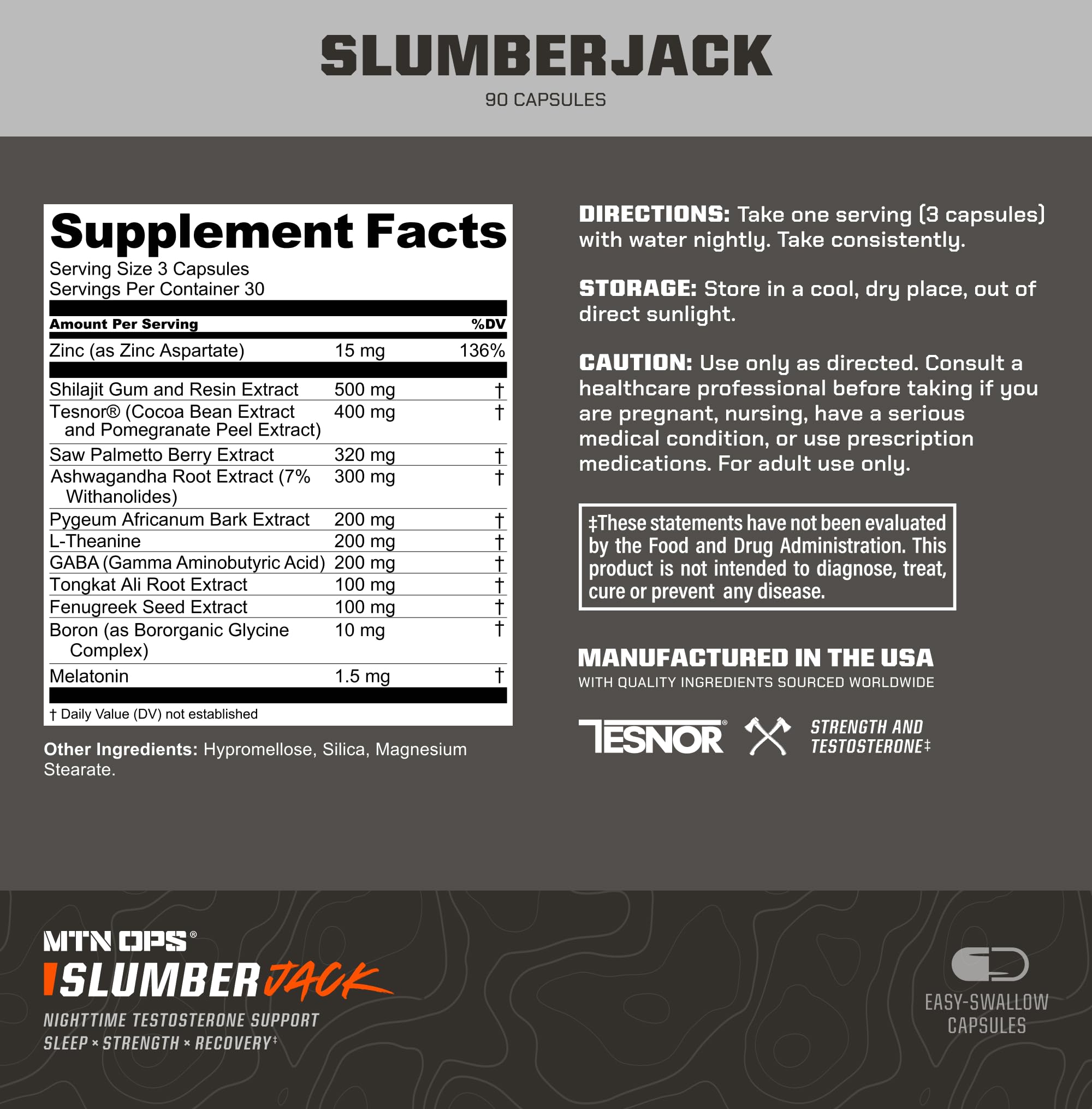 MTN OPS Slumber Jack etiqueta en primer plano mostrando ingredientes clave