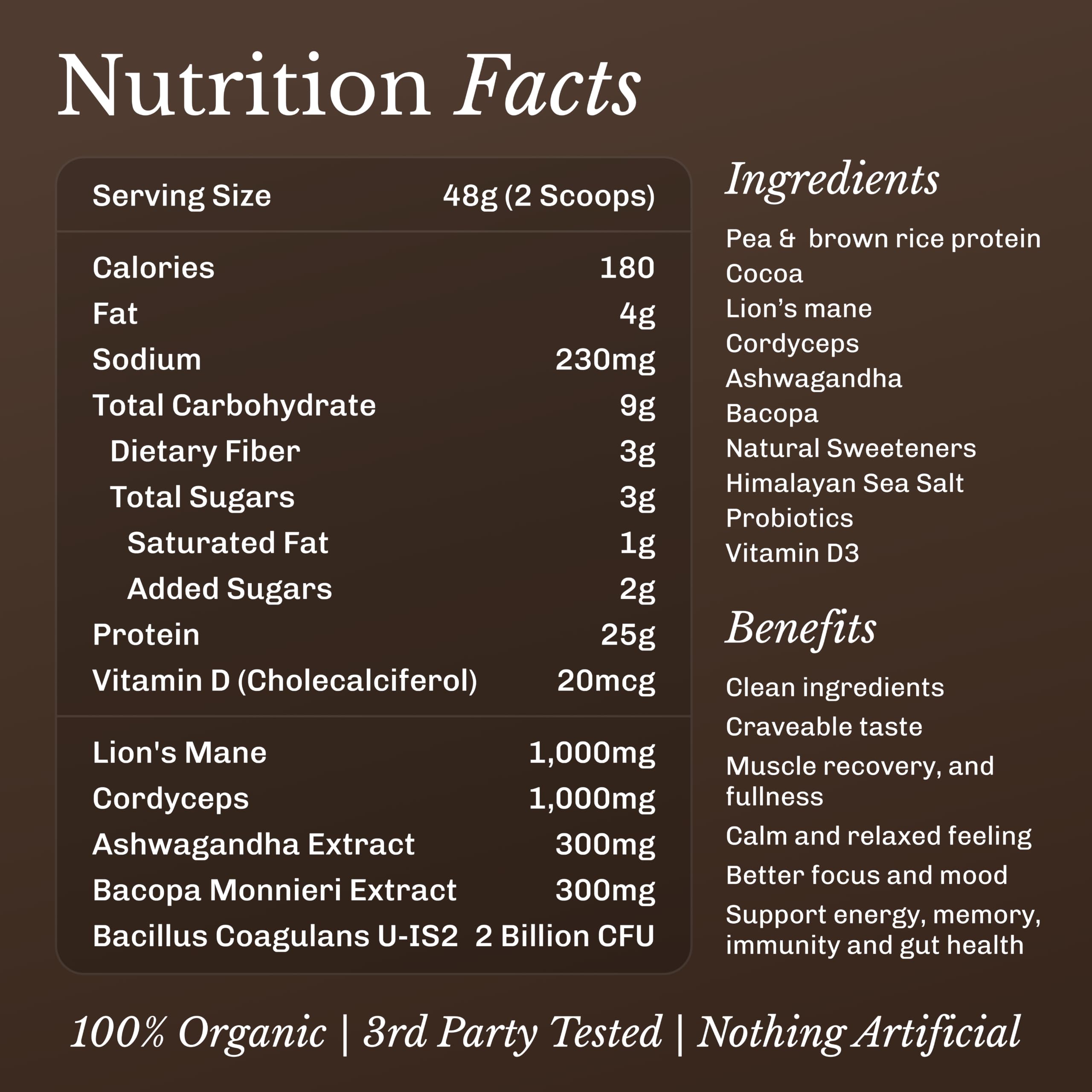 MUD\WTR ingredientes naturales: cacao, lion's mane y bacopa ilustrados