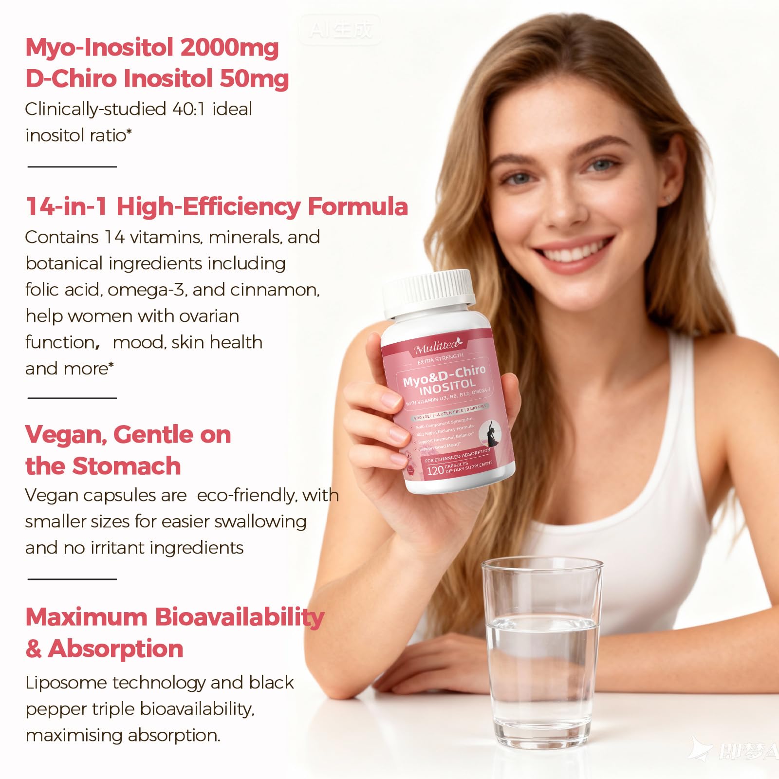 Mulittea etiqueta de ingredientes resaltando inositoles y nutrientes clave