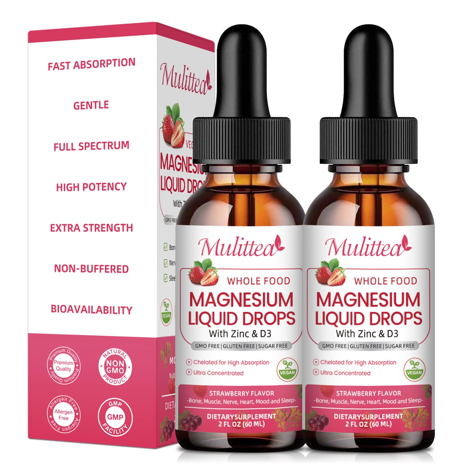 Mulittea frasco frontal de Magnesium Glycinate Liquid mostrando la etiqueta y beneficio de absorción