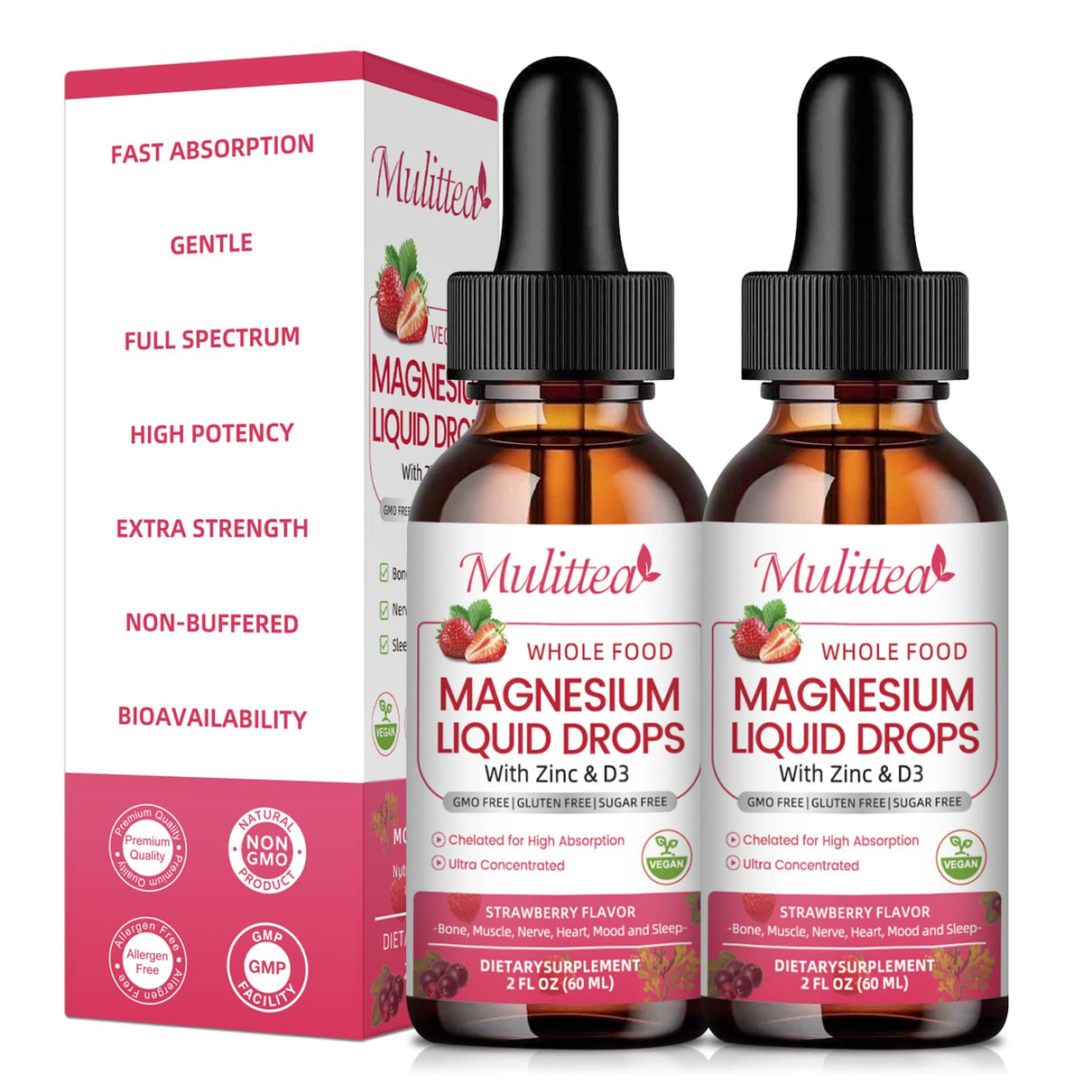 Mulittea frasco frontal de Magnesium Glycinate Liquid mostrando la etiqueta y beneficio de absorción