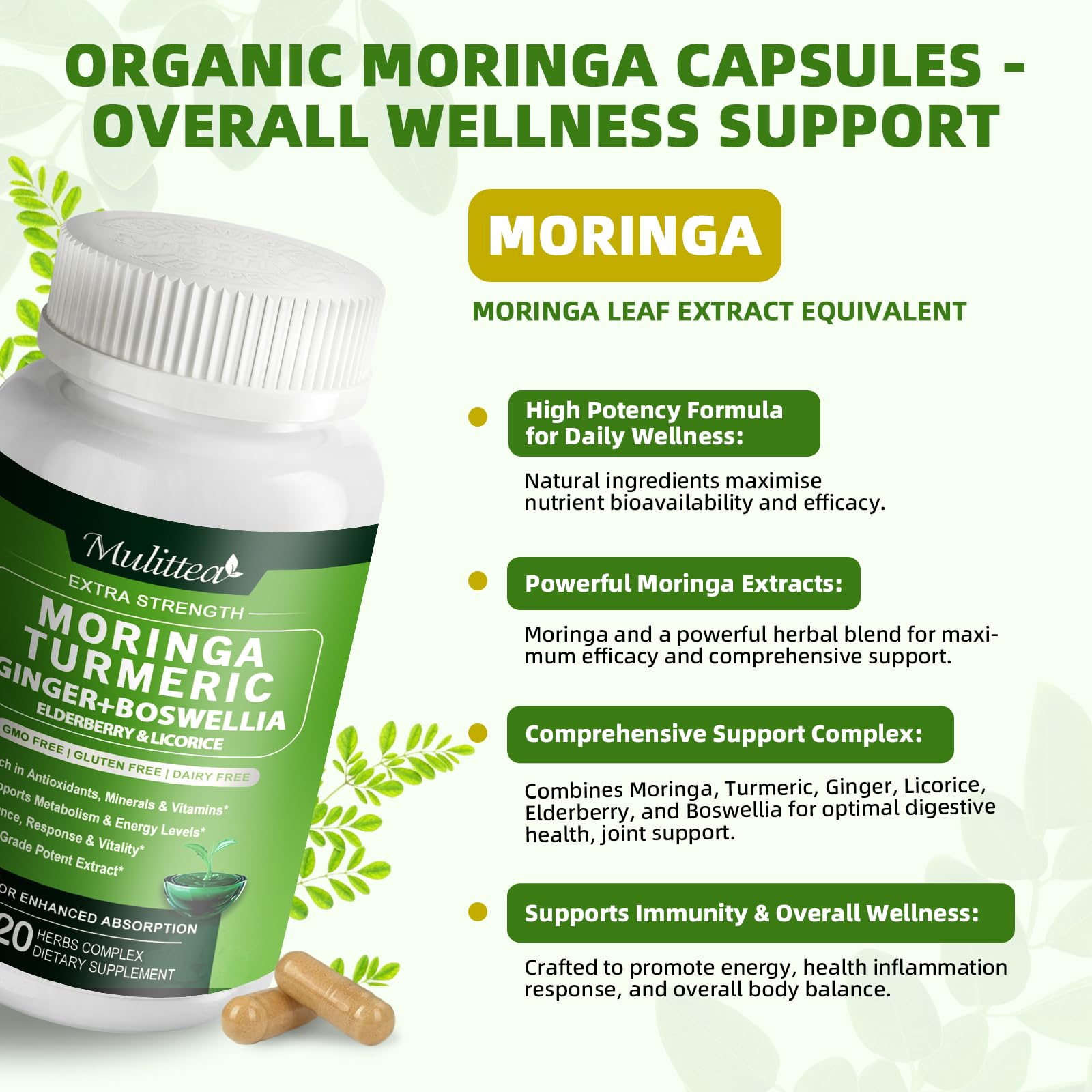 Mulittea moringa cápsula en mano para comparar tamaño y facilidad de ingestión