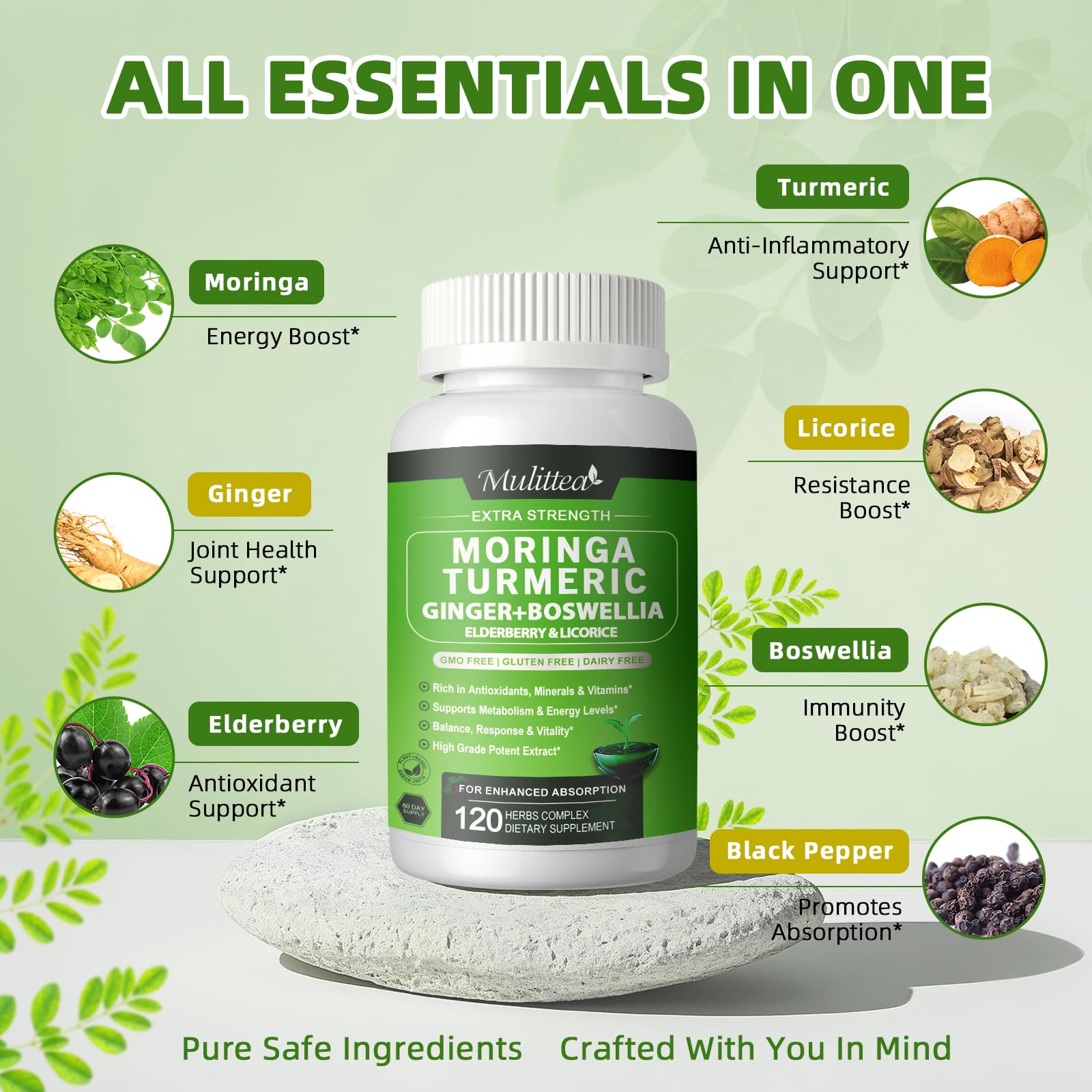 Close-up de cápsulas Mulittea moringa para ver textura y calidad, beneficio pureza
