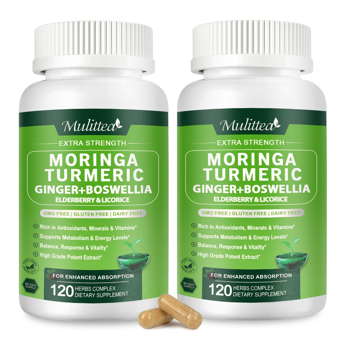 Mulittea moringa frente del packaging mostrando 120 cápsulas y beneficios claros