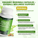 Ingredientes secos (moringa, cúrcuma, jengibre) junto al frasco Mulittea, beneficio transparencia
